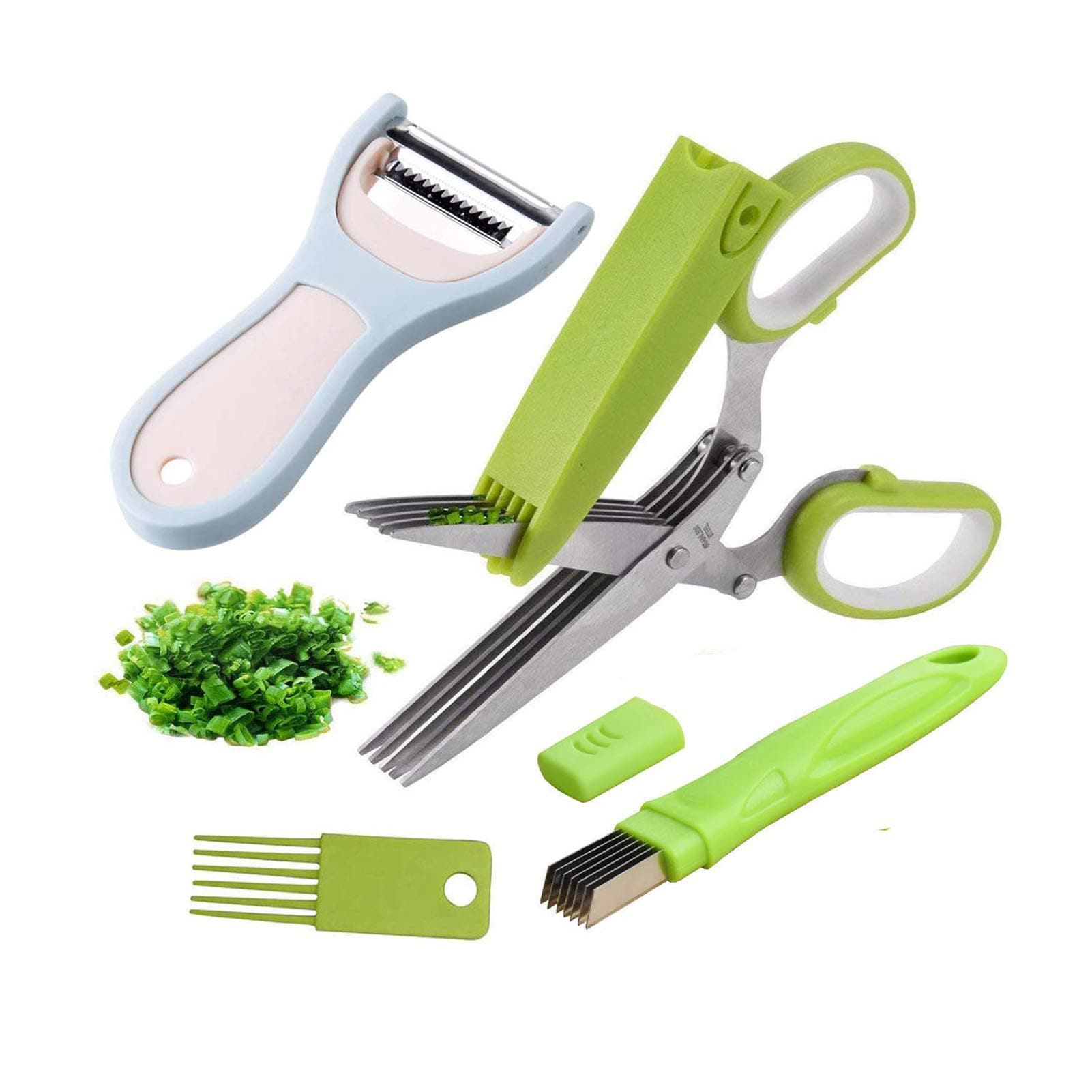 Herb Scissors Set - Kitchen Chopping Shears Multipurpose Herb Cutting Scissors with Stainless Steel 5 Blades and Cover, Cleaning Comb, Green Onion Cutter, Vegetable Peeler Kitchen Gadgets