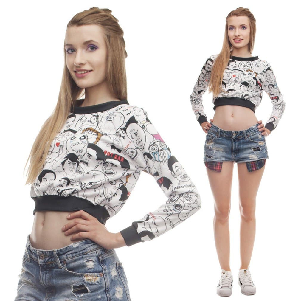 Women Emoticons Pullover 9GAG Emoji Printed Long Sleeve Crop Top
