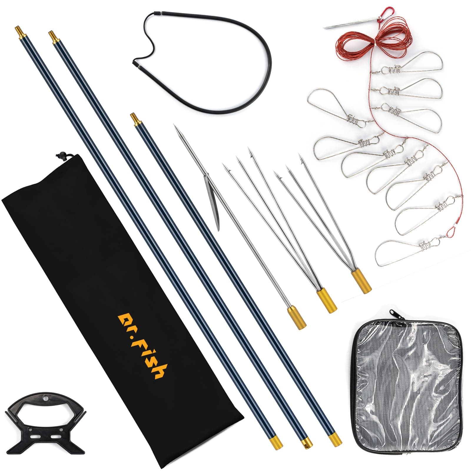 Dr.Fish Spearfishing Kit 6'5" Fiberglass 3-Piece Hawaiian Sling Pole Spear Paralyzer 3 Tips Set Stainless Steel Fishing Stringer Harpoon Travel Bag