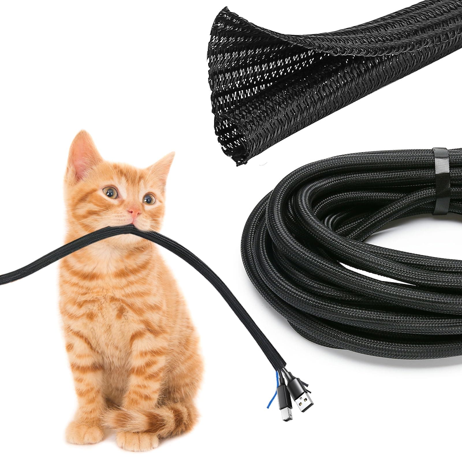 15ft - 1/2 inch Cable Sleeve Cord Management, Woven Mesh Expandable Braided Wire Loom Tubing Sleeving Split Wrap Cover for TV Audio Computer Home Office Automobile Protect Pet from Chewing –Black