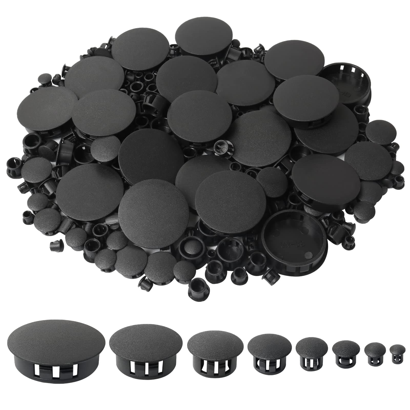 320Pcs 8 Sizes Black Plugs Hole Plastic Hole Plugs Hole Round Plugs, Plastic Hole Cover Snap in Locking Hole Plugs for Kitchen Cabinet Furniture (3/16“, 1/4“,5/16“, 3/8“,1/2“, 5/8“, 1“, 11/2“)