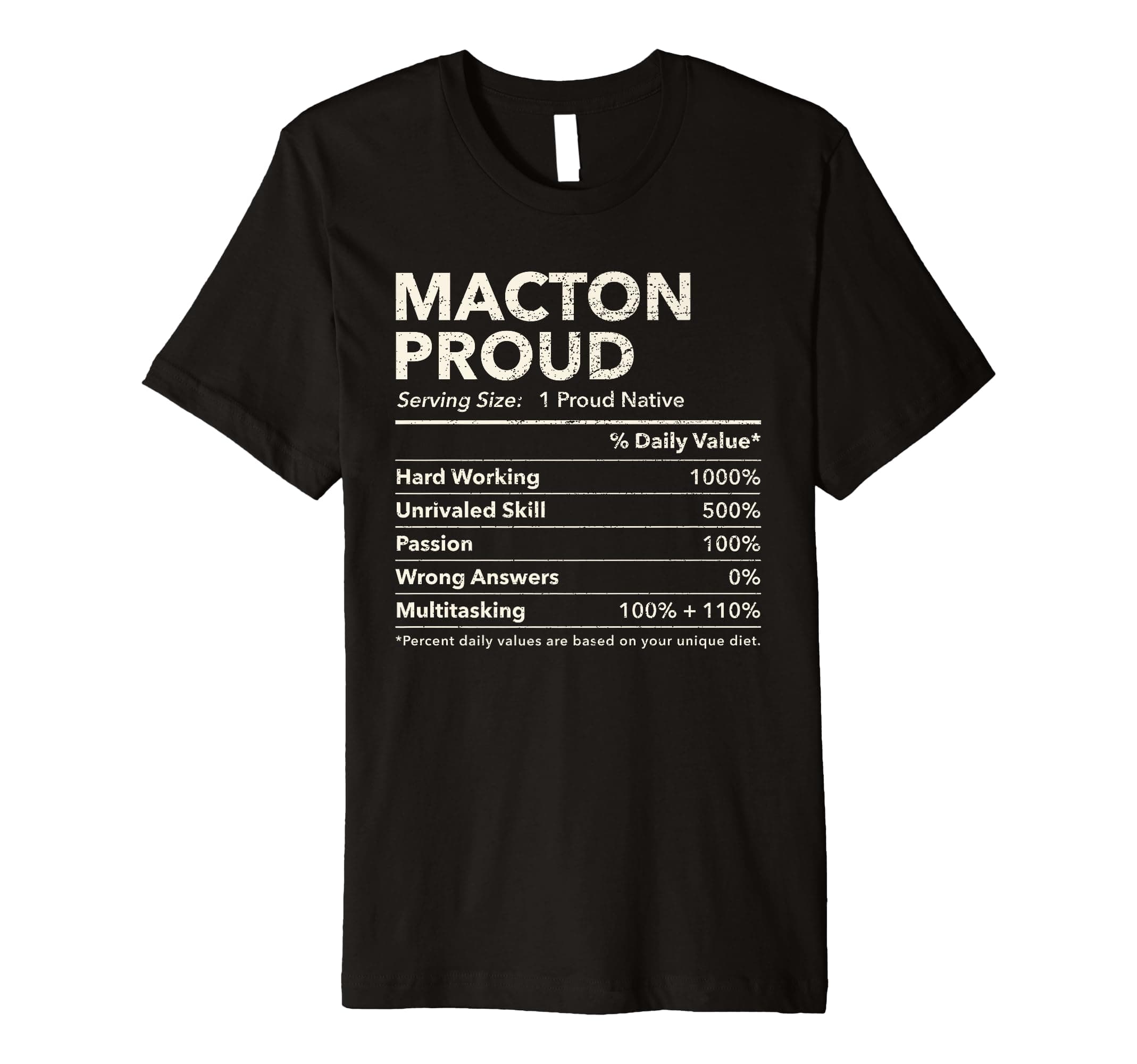 Macton, Maryland Proud Nutrition Facts Premium T-Shirt