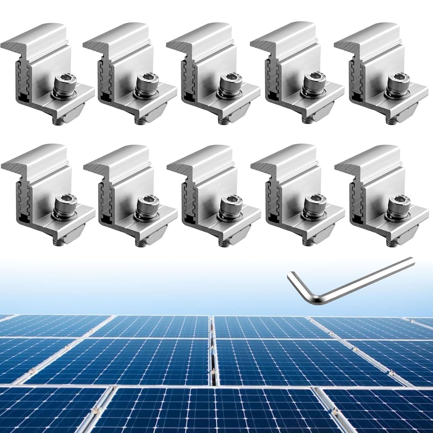 Anbte Solar Panel Mounting Brackets 30-50mm Adjustable, 10pcs Aluminum Solar Panel End Clamp Include 10*Screw M8 and 1*Wrench, Solar Mount Kit for Metal Roof, Tin Roof, Flat Roof, Sheet Roof, Silver