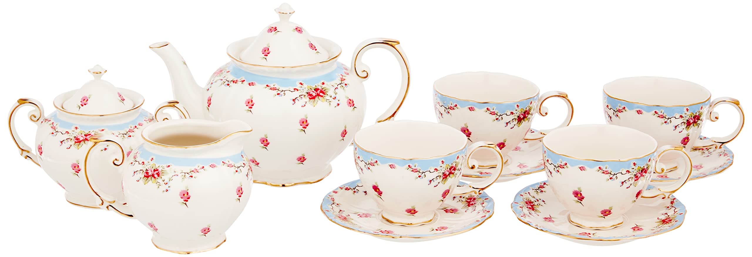 Vintage Blue Rose Porcelain 11-Piece Tea Set, Blue
