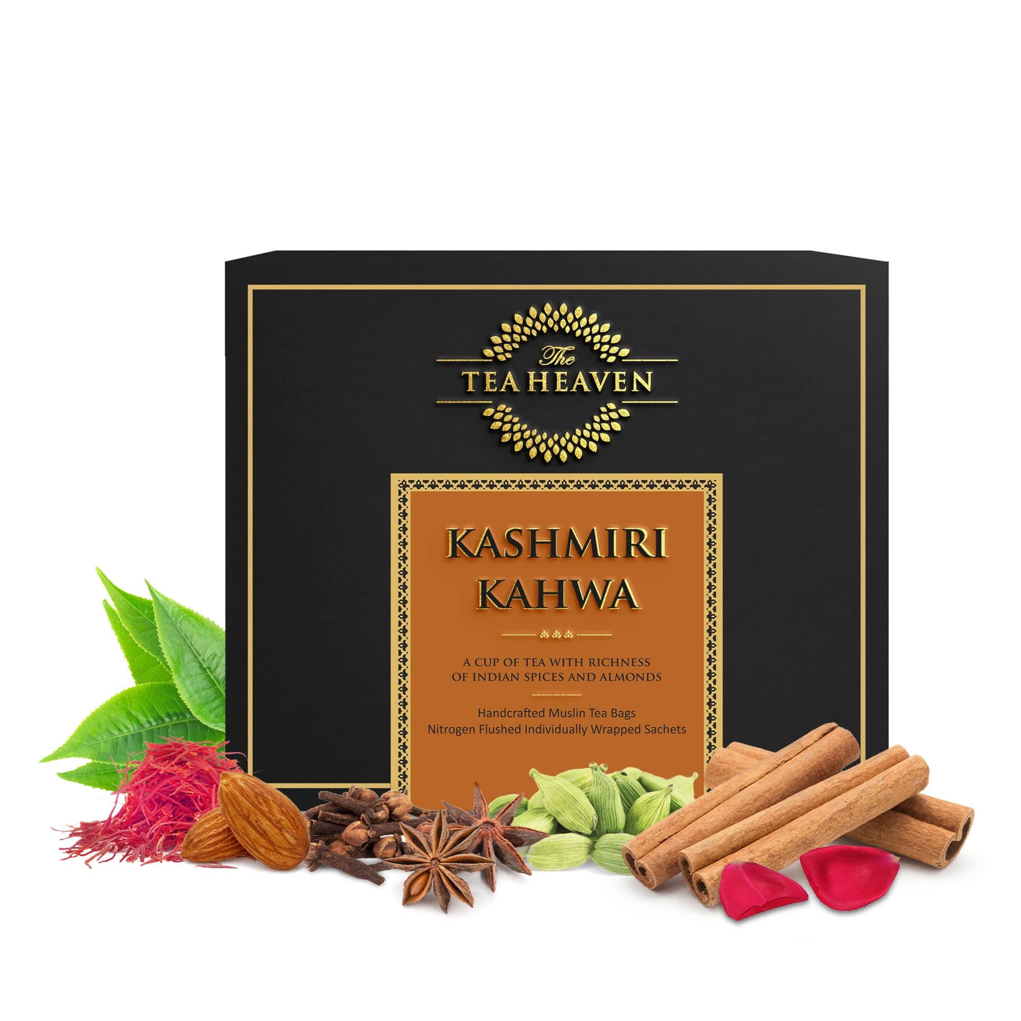 The Tea Heaven Kashmiri Kahwa Tea Bags, Premium Kashmiri Chai with 6 Natural Ingredients, Low-Caffeine Spiced Green Tea, Chai Tea Leaves for Hot or Cold Brewing, 16 Tea bags