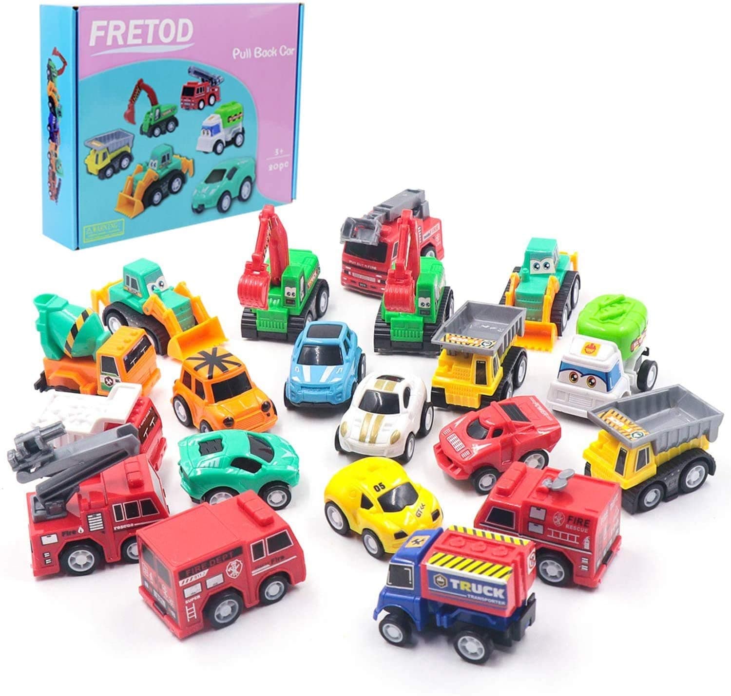 FRETOD Pull Back Car Toddler 20 Pcs Construction Vehicles , Fire Trucks with Flexible Joint and Raced Car Pull Back Vehicles Set for Kids