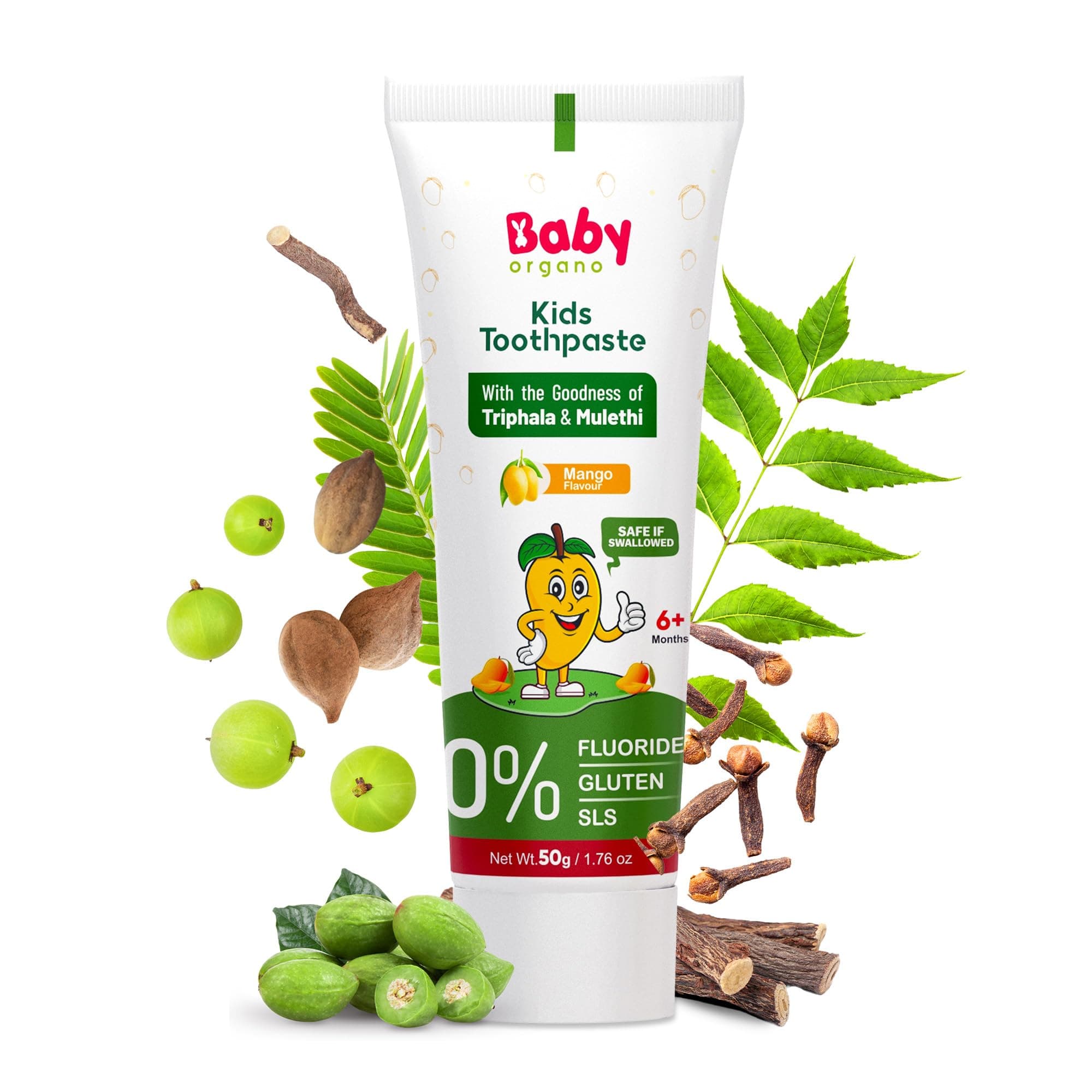BabyOrgano Kids Toothpaste | For Kids 6+ Months - 6 Years | 100% Ayurvedic | Non Gel Formula | Goodness of Babool and Mulethi | Mango Flavour | Fluoride & SLS Free | FDCA Approved - 50gm