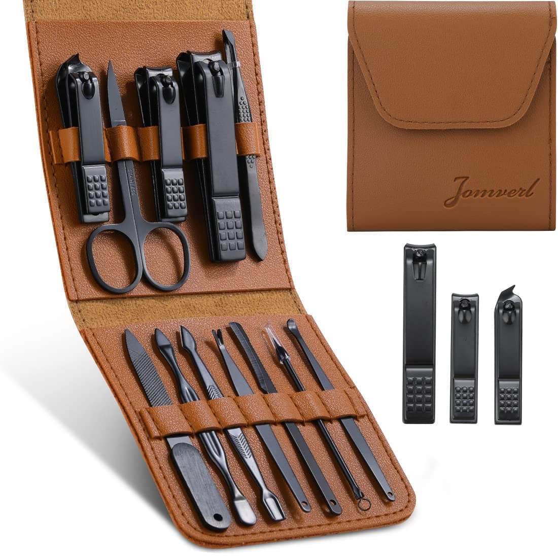 Jomverl Manicure Kit, Nail Clippers Stainless Steel 12 in 1 Professional Nail Care Tools Set for Men in Leather Travel Case. Durable Premier Quality Great Gift Dad