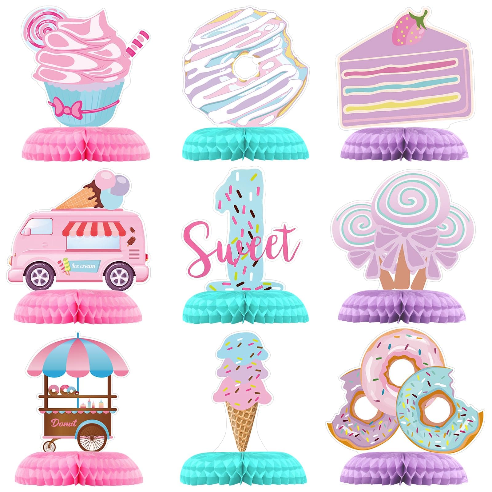 Hotop 9 Pcs Donut One Sweet Birthday Party Decorations Table Honeycomb Centerpieces Donut Table Topper Doughnut Birthday Sign Decor Birthday Theme Table Party Supplies for Girls Baby Shower