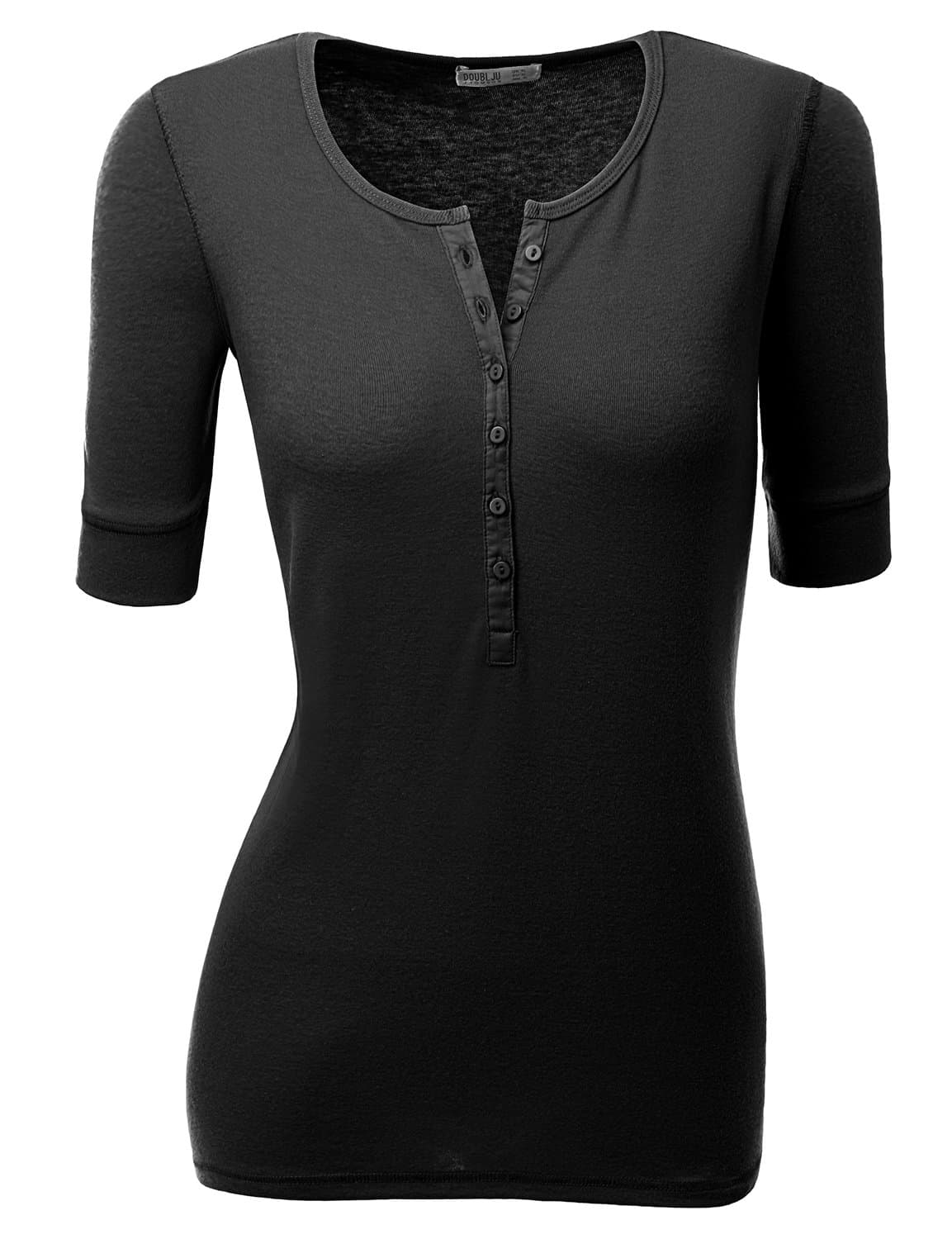 Doublju Casual Short Sleeve Fitted Henley T-Shirts for Women with Plus Size Black 2XL