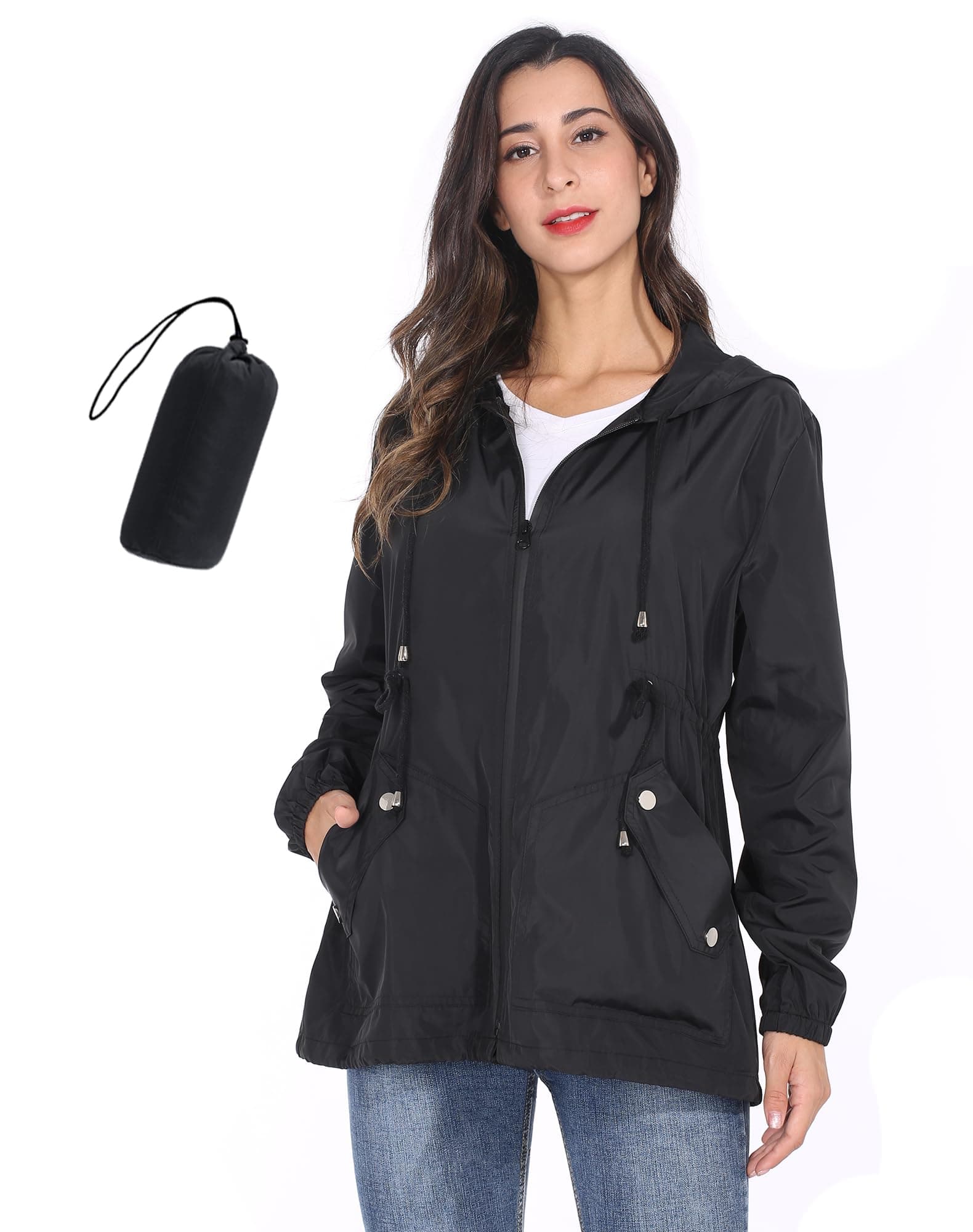 Women Packable Rain Jacket Waterproof Lightweight Raincoat Hooded for Hiking Outdoor Travel