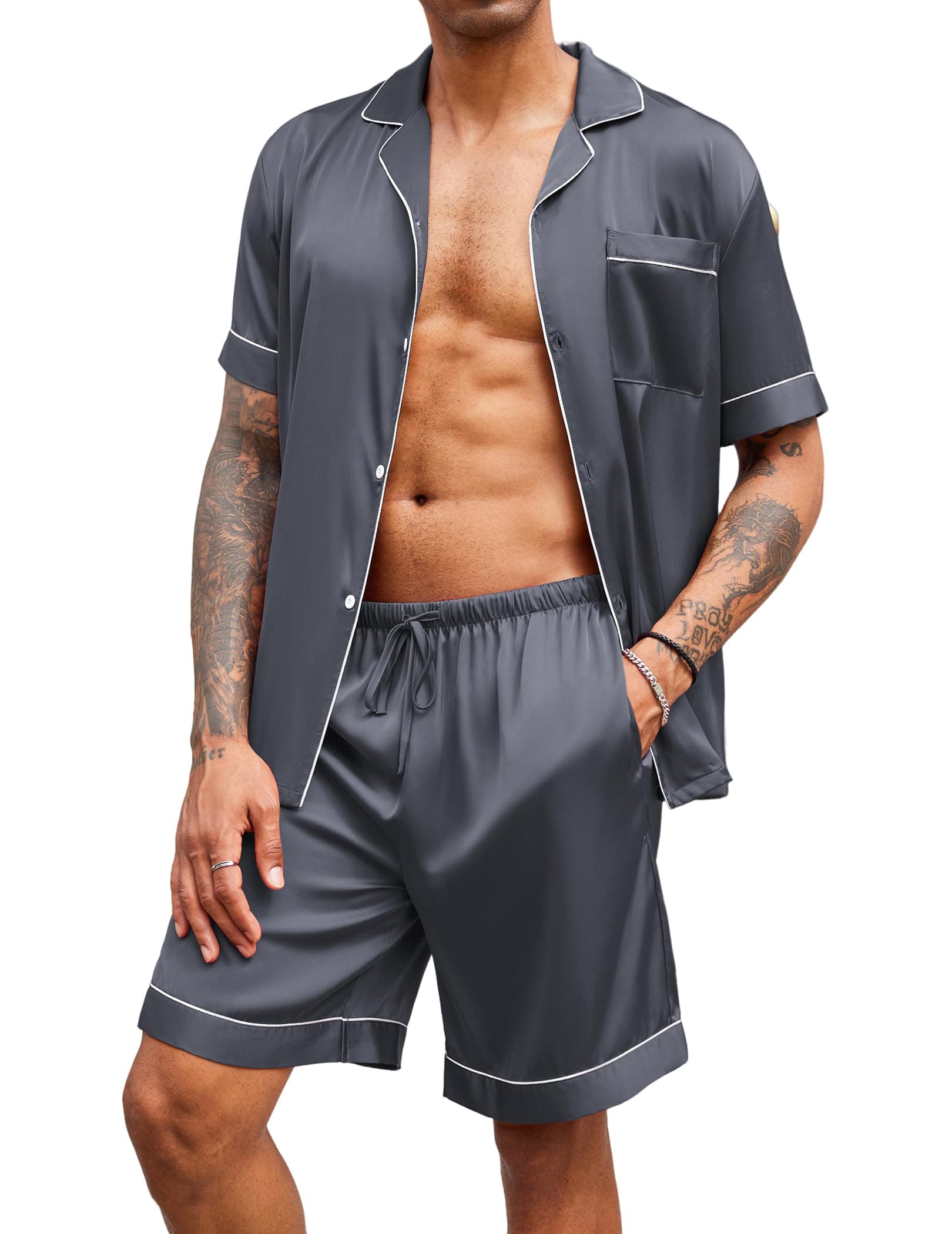 Ekouaer Men Satin Silk Pajamas Set with Pockets Sleepwear Shorts Satin Summer Loungewear 2 Piece Button Down Set S-3XL