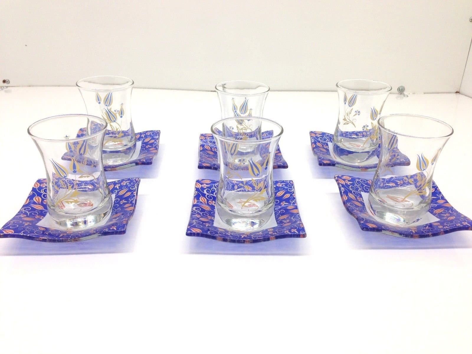12 Pieces Adorable Turkish Tea Set Glass, Tea Glass, Saucers, Tulip