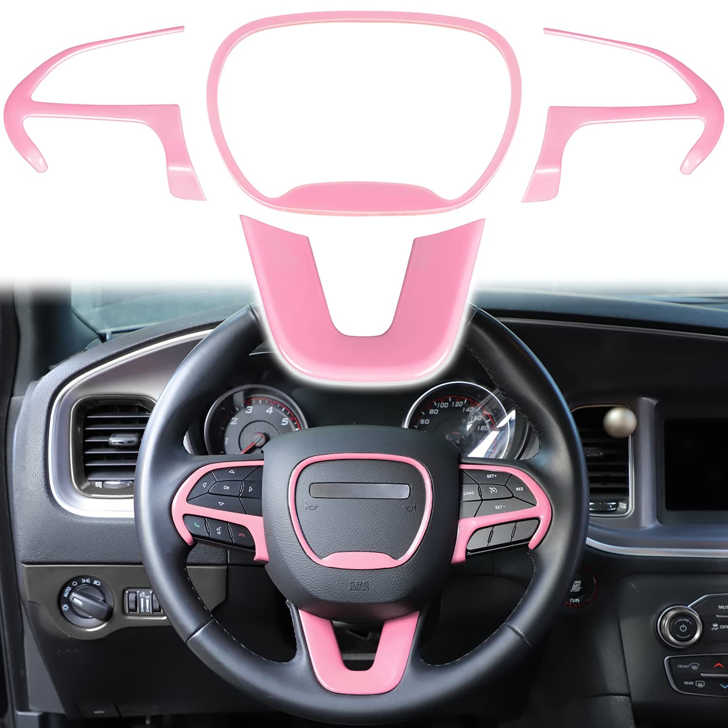 4PCs ABS Steering Cover Wheel Trim Interior Accessories fit for Dodge Challenger Charger 2015-2024, for Dodge Durango and for Jeep Grand Cherokee SRT8 2014-2024 (Pink)