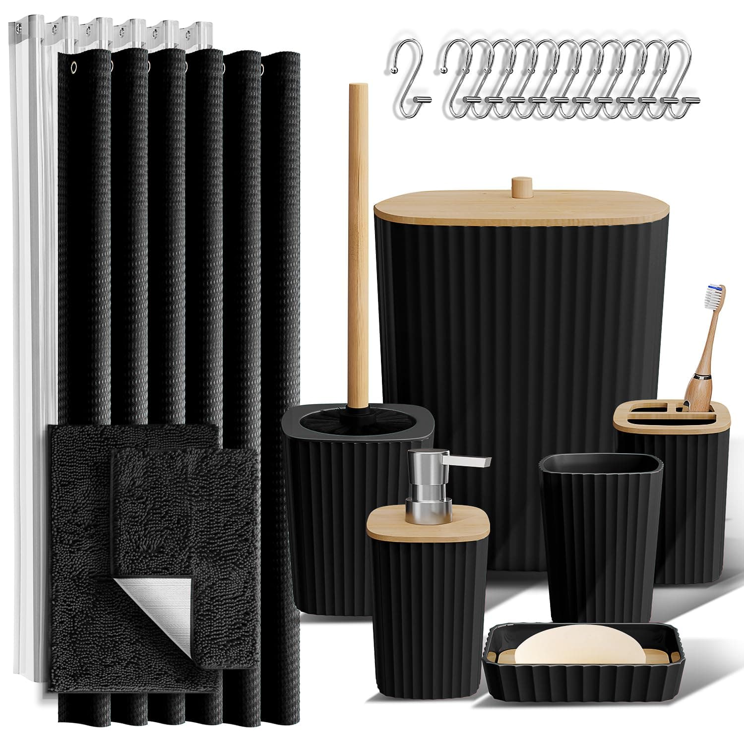 Clara Clark Bathroom Accessories Set - Bathroom Set, Bathroom Sets with Shower Curtain and Rugs, Shower Curtain Set with Bathroom Trash Can - Black - 22PC