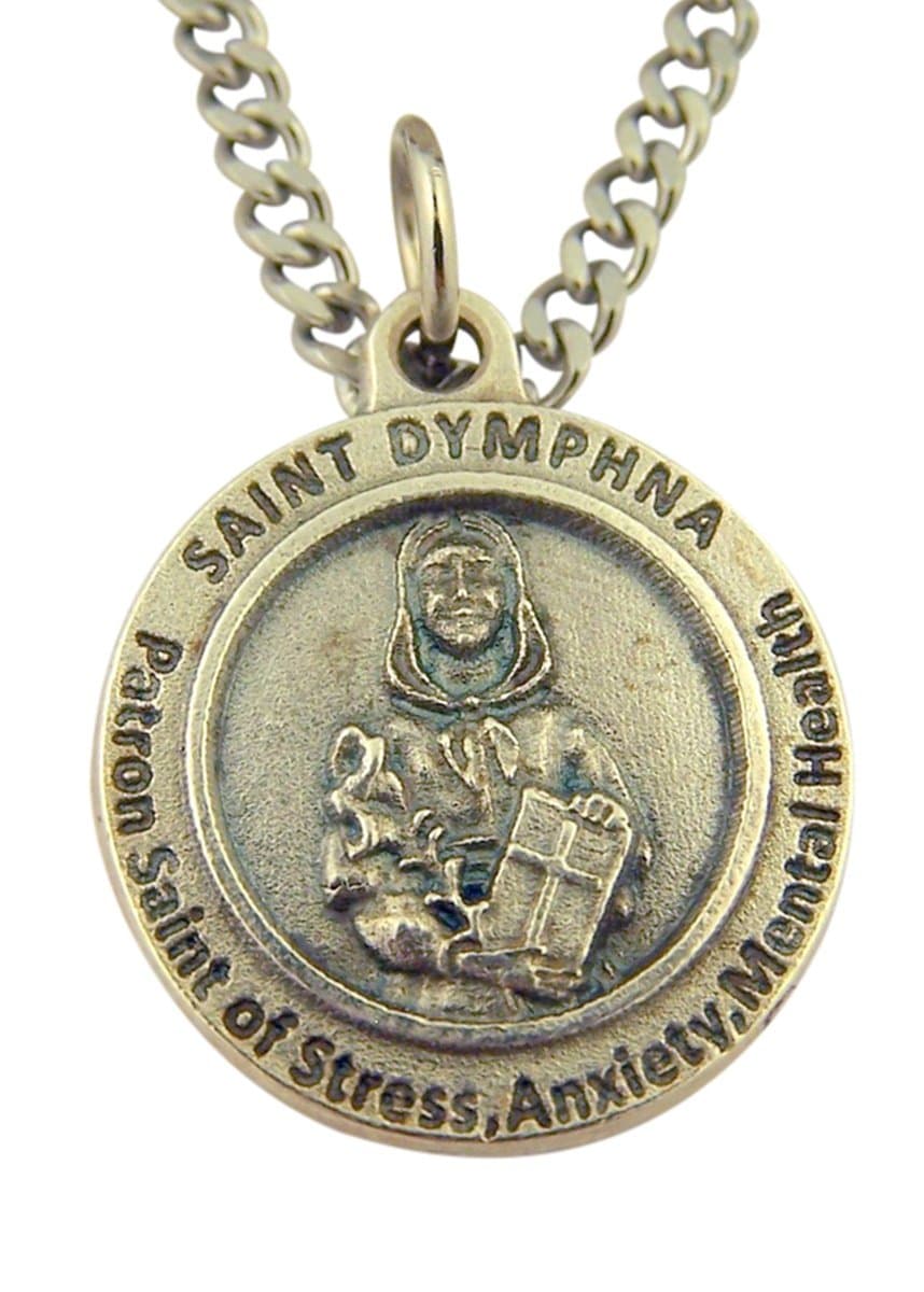 Silver Tone Saint Dymphna Patron of Mental Health Medal on Chain, 3/4 Inch