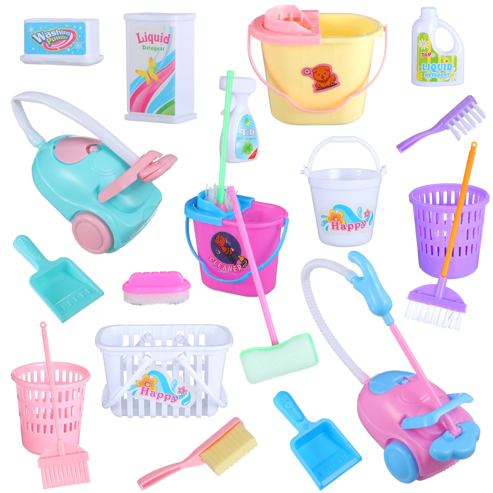 22 Pieces Miniature Bucket Doll Housework Cleaning Supplies Mini Dollhouse Accessories Mop Dustpan, Brush, Broom, Bucket Dollhouse Furniture Decoration Accessories for Dolls Pretend Play, Random Color