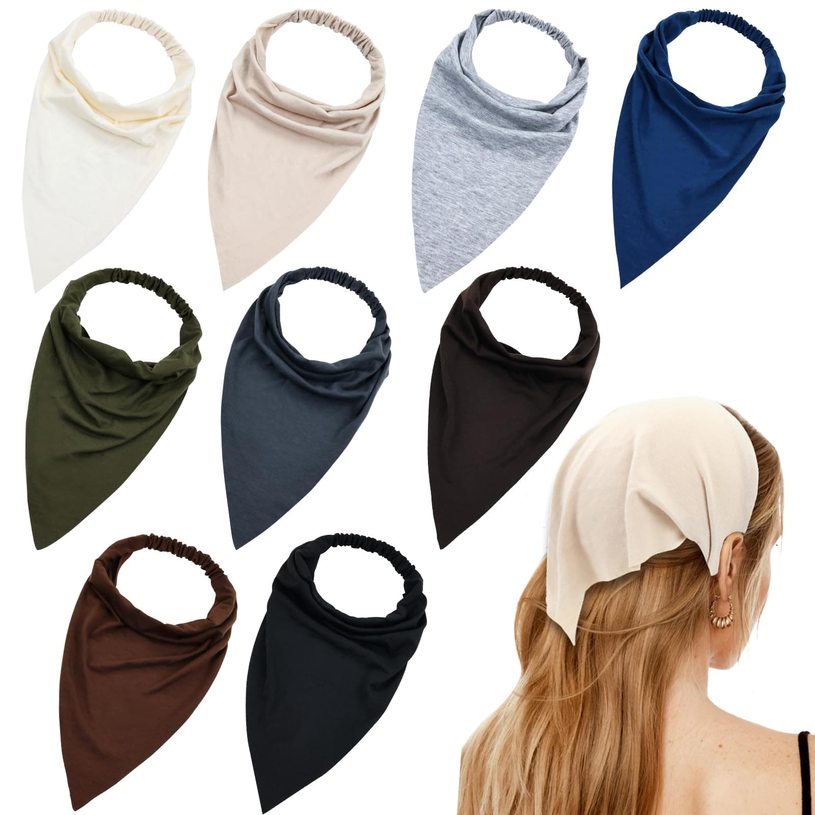 9 Pack Solid Large Cotton Triangle Head Scarf Elastic Hair Bandana Headbands Plain Silk Head Coverings Neck Scarves Wraps Blank Headscarf Kerchief Bulk for Women