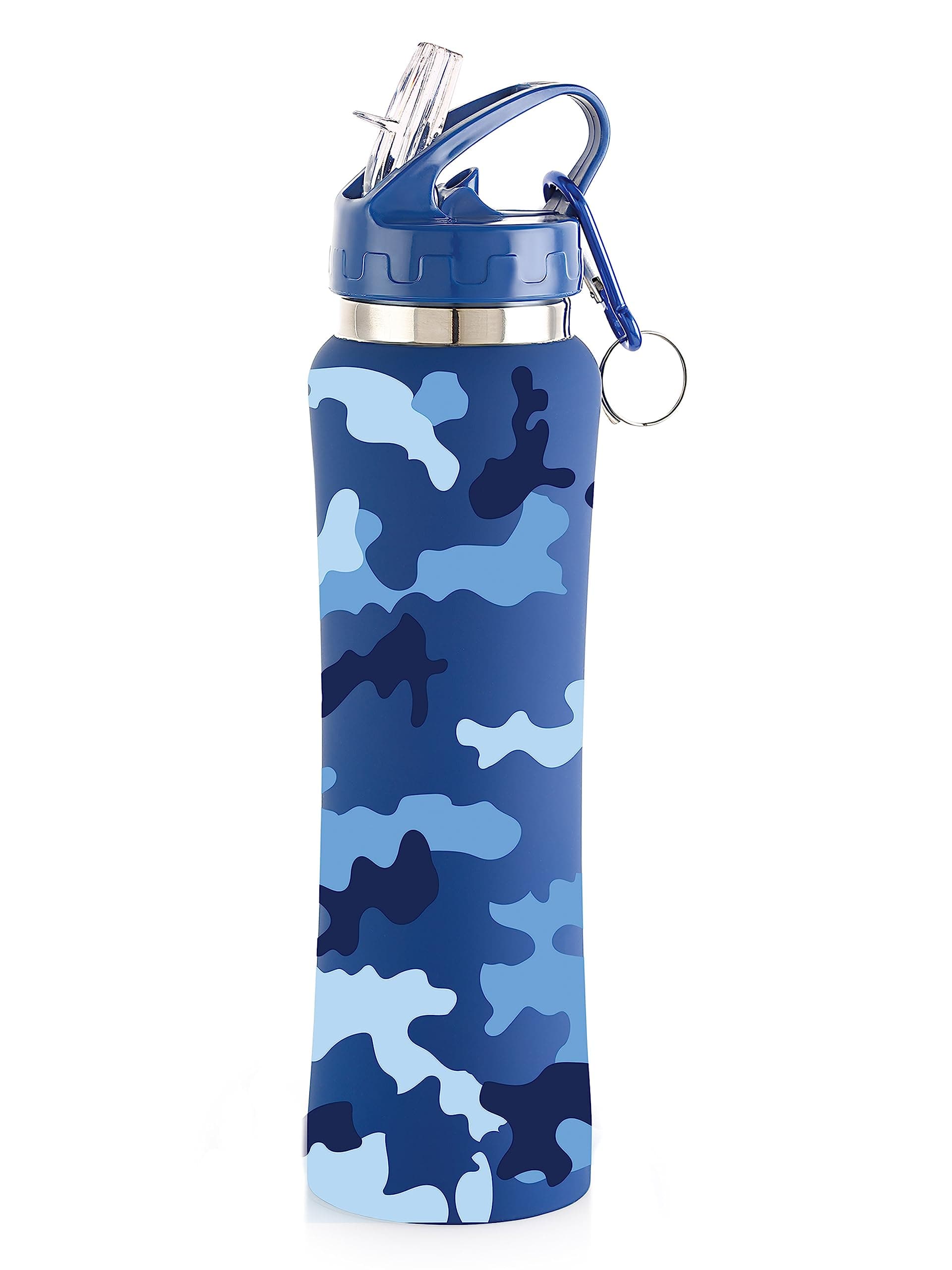 NIRLON Flip Bot Stainless Steel Rubber Finish Water Bottle With Straw Lid For Fridge, School,Gym,Home,Office,Boys, Girls, Kids, Leak Proof(Uv Printed Bottle|Blue Camo|Sipper Cap), 750 Ml