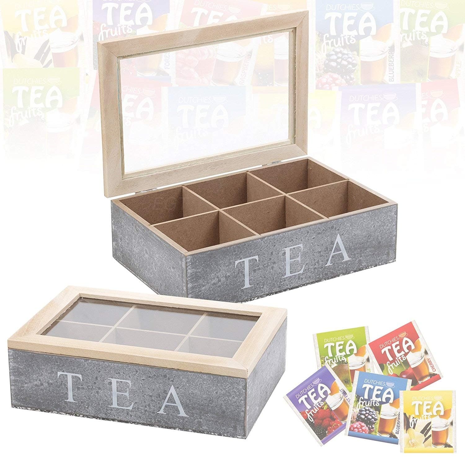 Section Wooden Tea Box Chalk Grey Glass Hinged Lid Kitchen Tea Bag