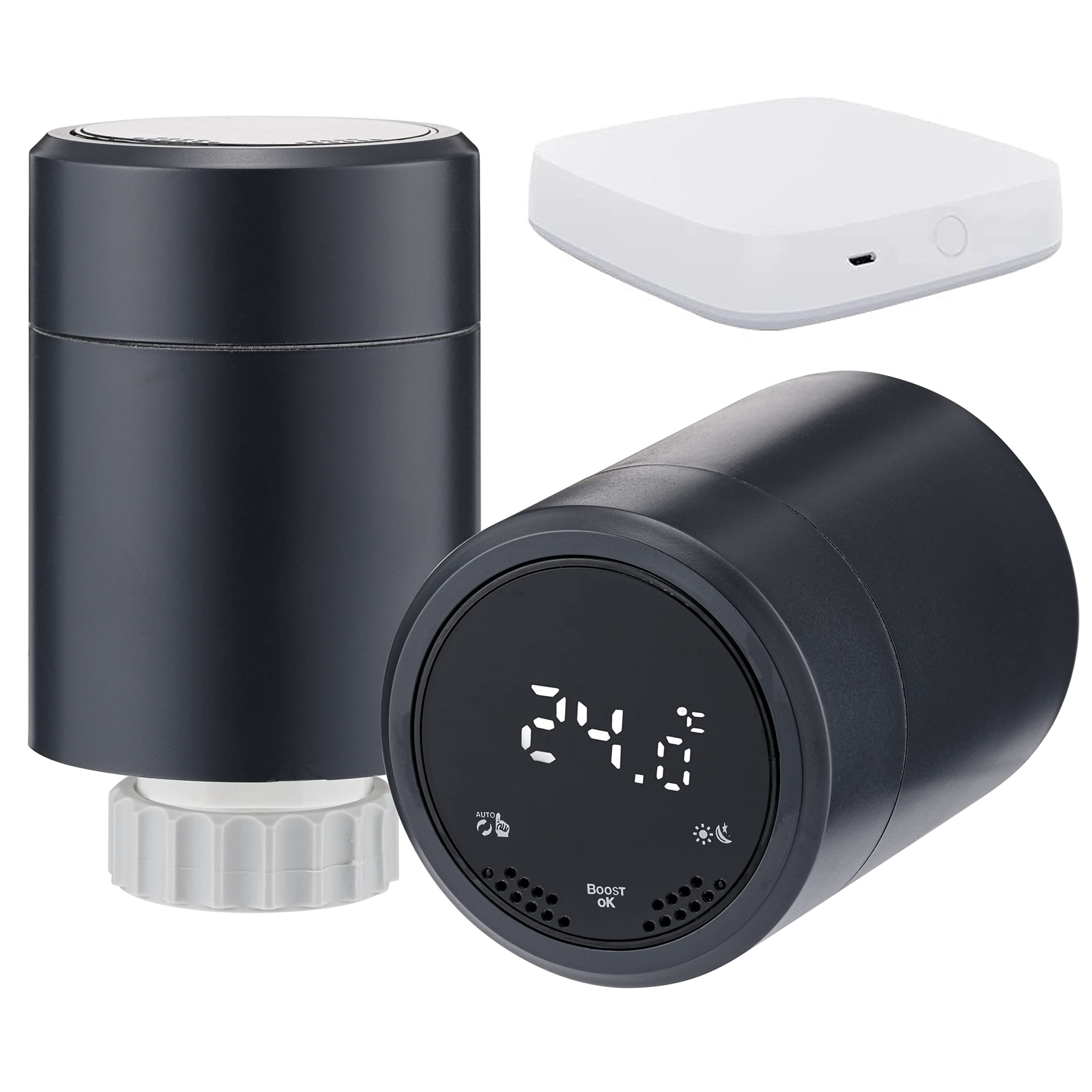 Sandy Beach Smart Radiator Valve - Smart Radiator Thermostat Valve - Amazon Smart Thermostat, Smart TRV with Zigbee Gateway Connecting to Amazon Alexa Google Home - Anthracite (Gateway + Thermostat)