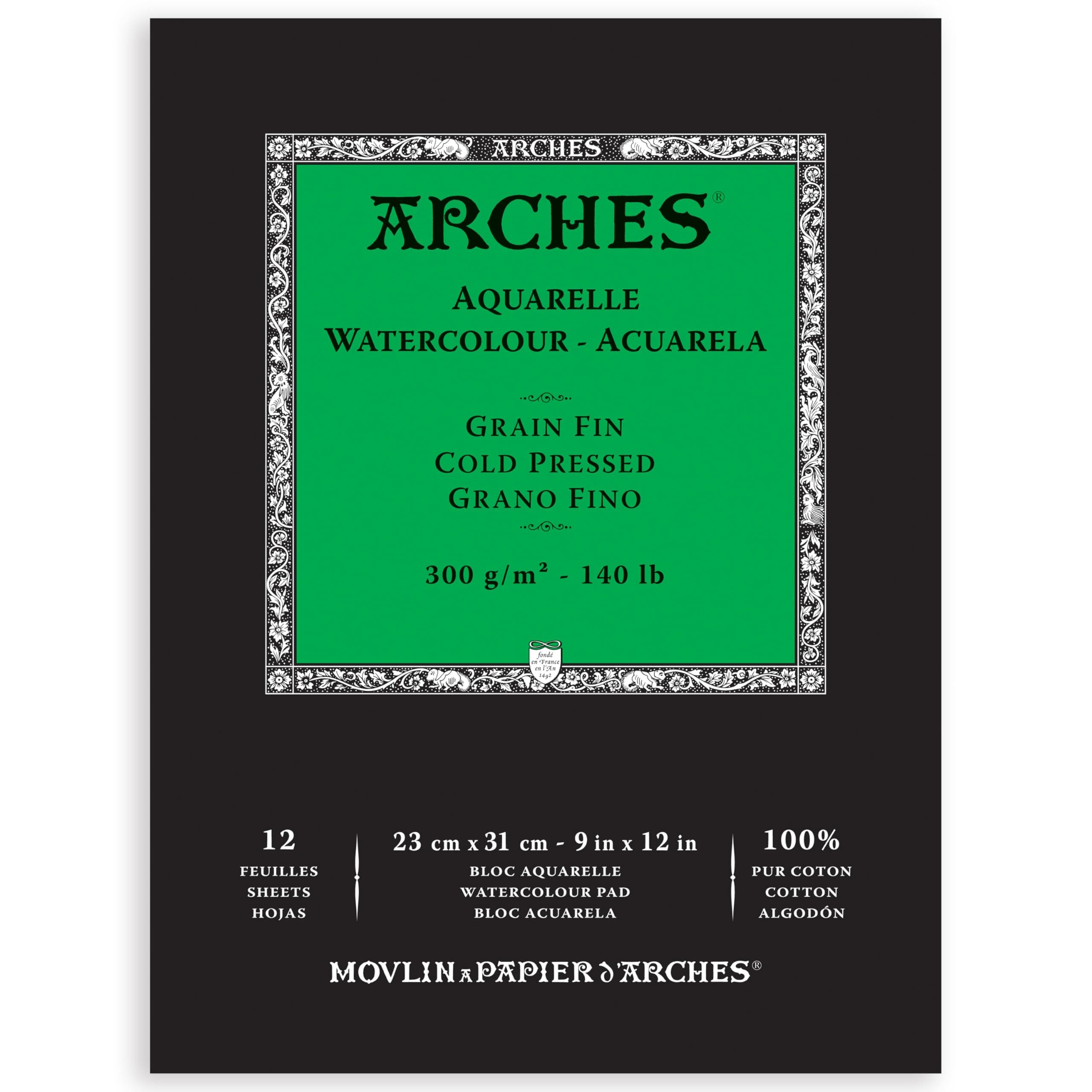 Arches Watercolor Paper Pads, 10.6 oz (300 g), Fine, 9.1 x 12.2 inches (23 x 31 cm), 12 Sheets (1795092), Natural White