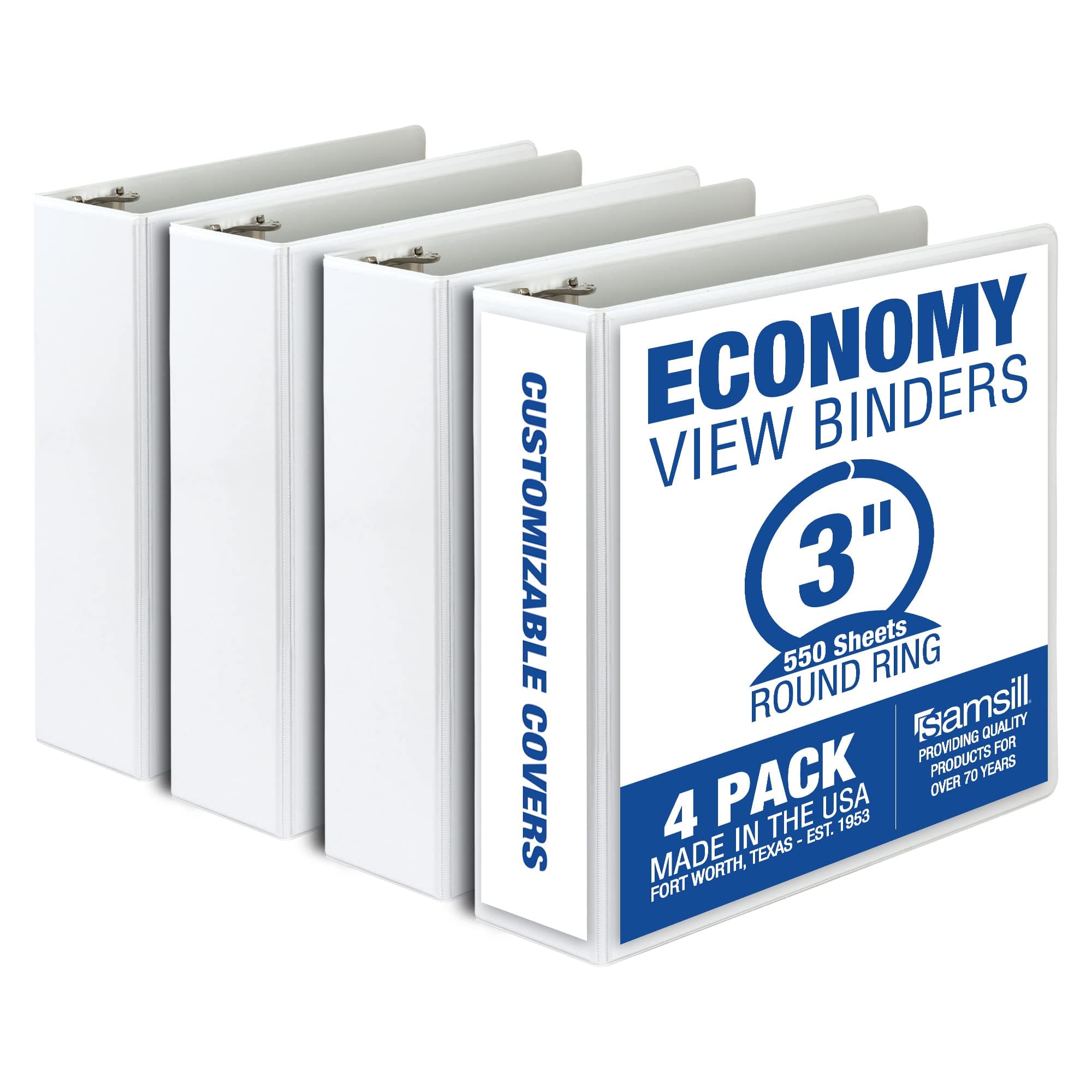 3 Inch 3 Ring Binders, Economy Round Ring, Clear View Cover, 550 Sheet Capacity - for School, Home, Office - White, 4 Pack