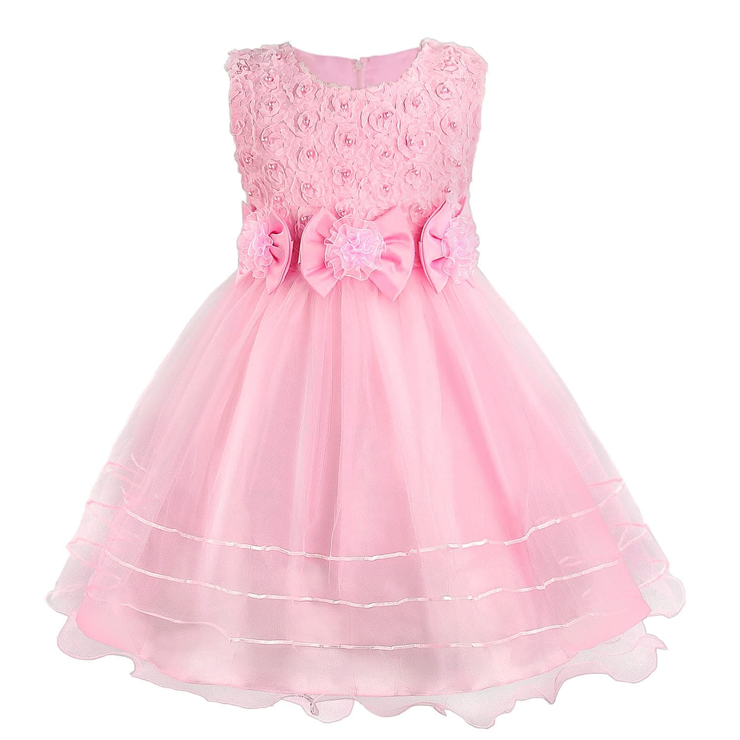 Discoball Girls Princess Dress, Rose Flower Bow Tie Party Dresses, Tulle Wedding Dress Bridesmaid Christening Elegant Formal Dresses for Girls(Pink), 6-7 Years