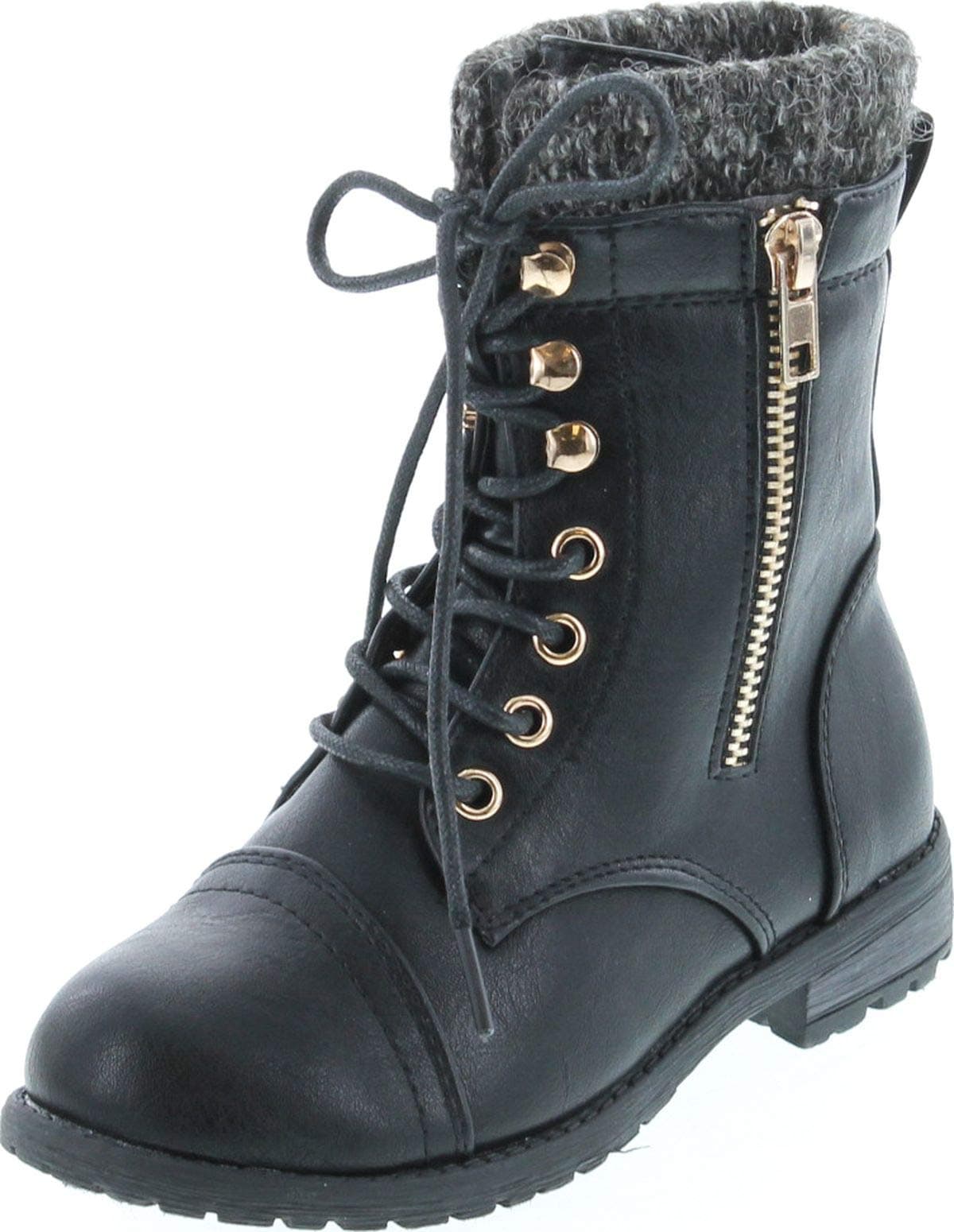 Link Mango-31 Girls Kids Round Toe Military Lace Up Knit Ankle Cuff Low Heel Combat Boots