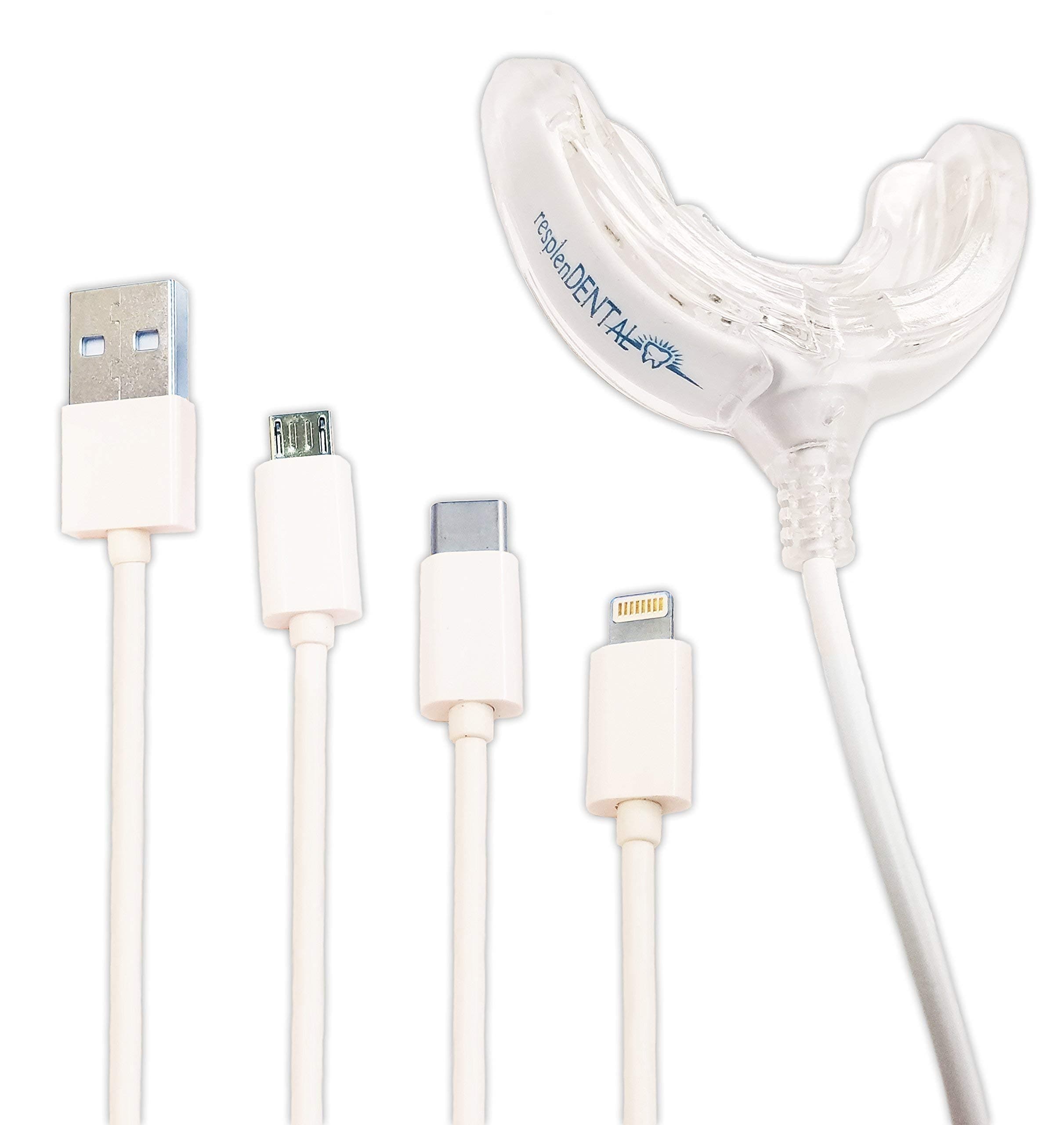 Teeth Whitening Light Tray Kit by resplenDENTAL - 16 Blue LEDs - 4-in-1 Adapter for iPhone, Android, USB-C & USB - DIY at Home with Professional Results - Use With Teeth Whitener Gel/Whitening Strips