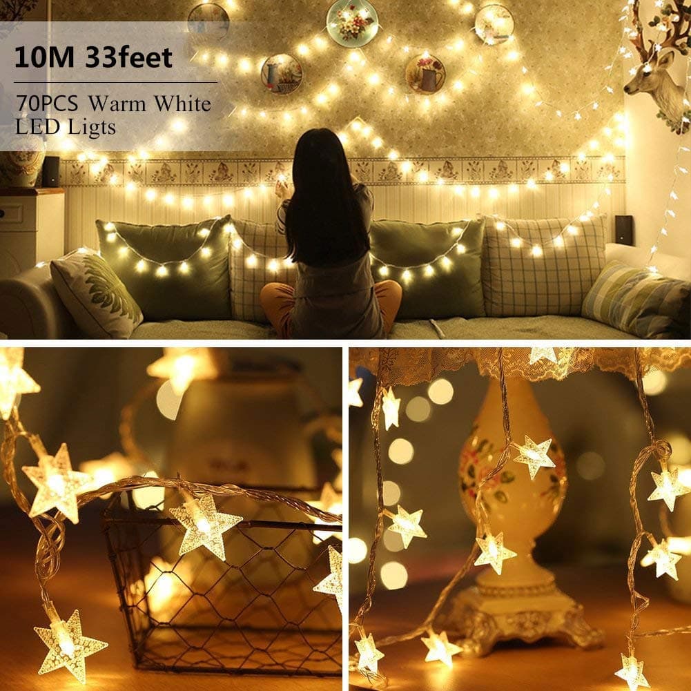 Star LED String Lights - 70 LED 33 FT Twinkle Star Battery Operated Fairy Lights Waterproof for Outdoor, Indoor, Bedroom, Wedding, Party, Christmas Halloween Garden Decorations