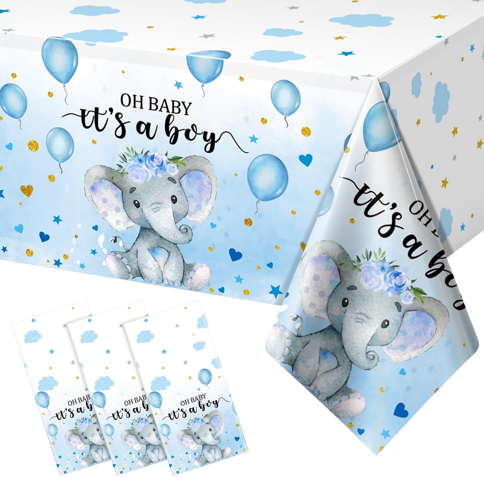 3 Pack Elephant Baby Shower Tablecloth Decorations, Elephant Baby Shower Decorations, Plastic Tablecloth Table Cover Backdrop for Baby Boy Girl Gender Reveal Party Supplies, 54 x 108 Inch, Blue