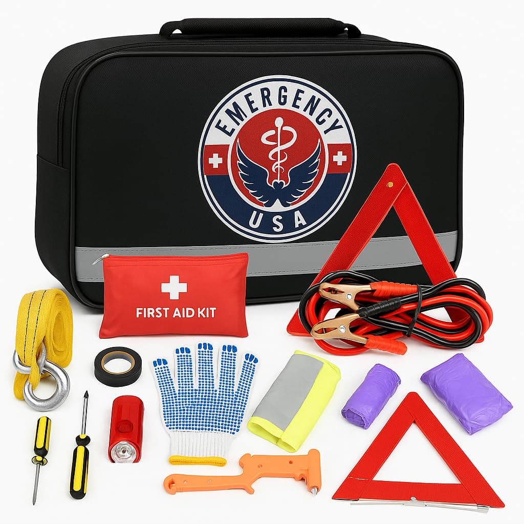 Roadside Assistance Car Emergency Kit - First Aid Kit, Jumper Cables, Tow Rope, LED Flash Light, Rain Coat, Tire Pressure Gauge, Safety Vest & More Ideal Winter Accessory for Your Car, Truck Or SUV