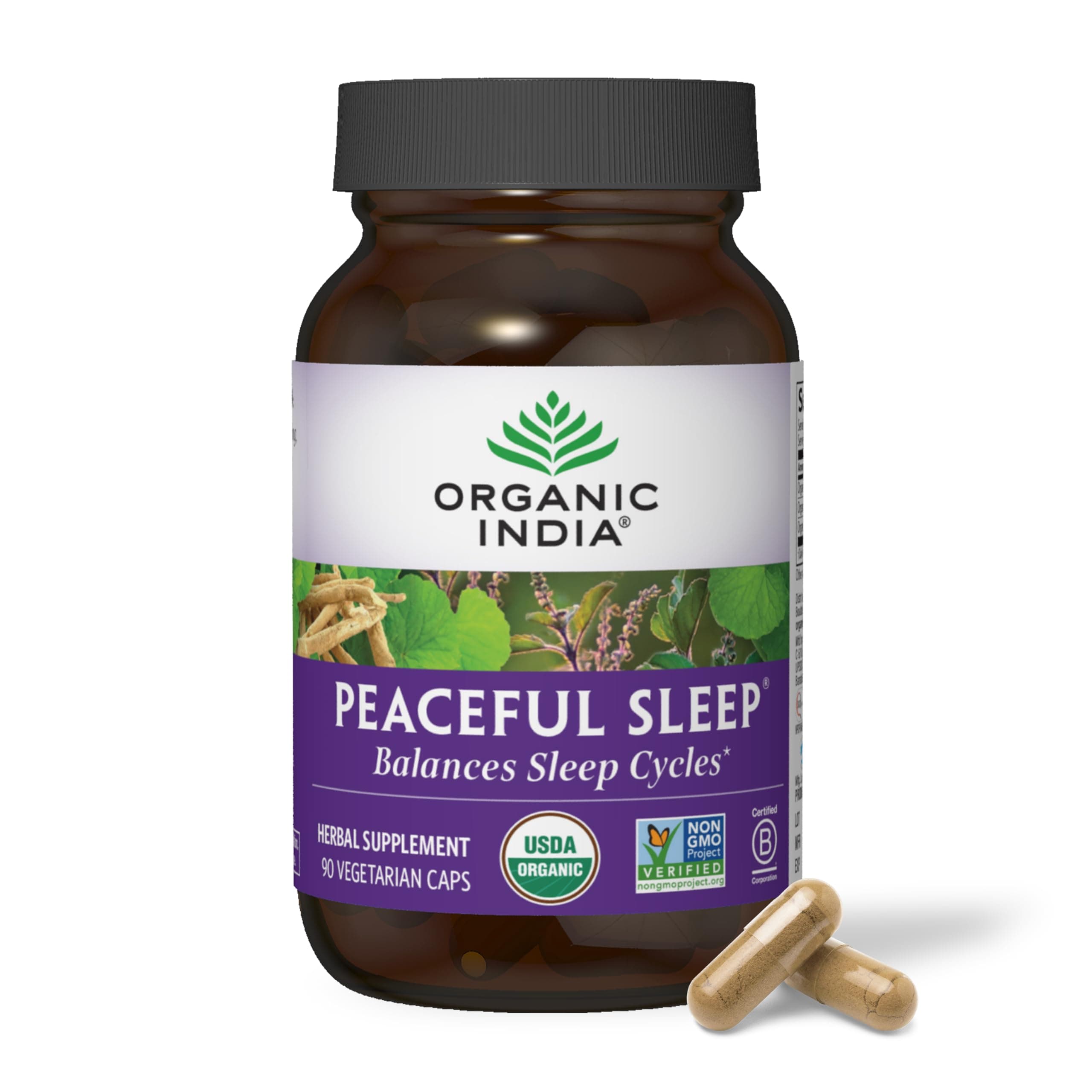 ORGANIC INDIA Peaceful Sleep Herbal Supplement - Deep Sleep Aid for Adults, Natural Herbal Aid Without Melatonin, Supports Circadian Rhythm, USDA Certified Organic, Non-GMO - 90 Capsules