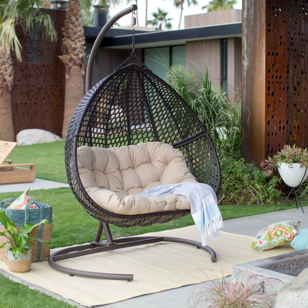 Resin Wicker Hanging Egg Loveseat Swing Chair, Indoor Outdoor Patio Backyard Furniture with Cushion and Stand, Espresso