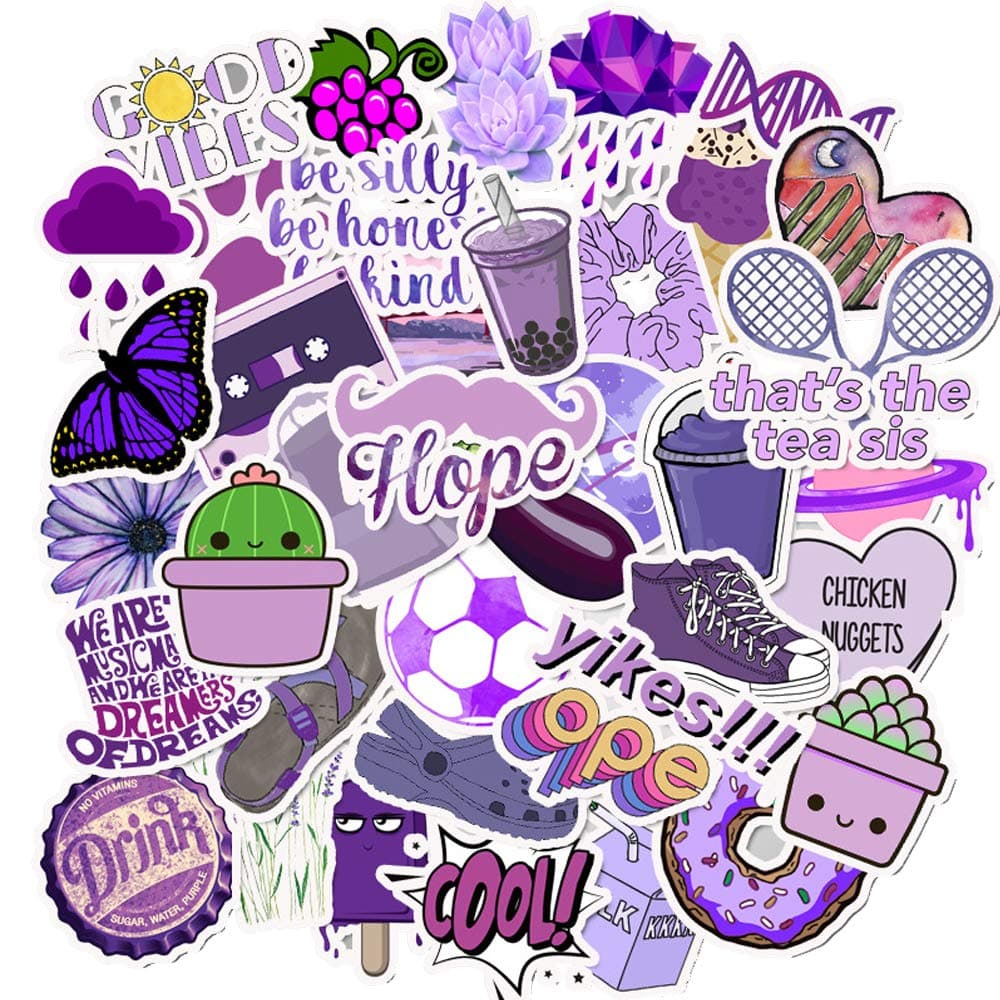 50pcs Cute Stickers - Aesthetic, Trendy Vinyl Waterproof Kawaii Stickers for Girls, Teens, Notebooks, Water Bottles, Skateboards, Luggage (Purple Style)