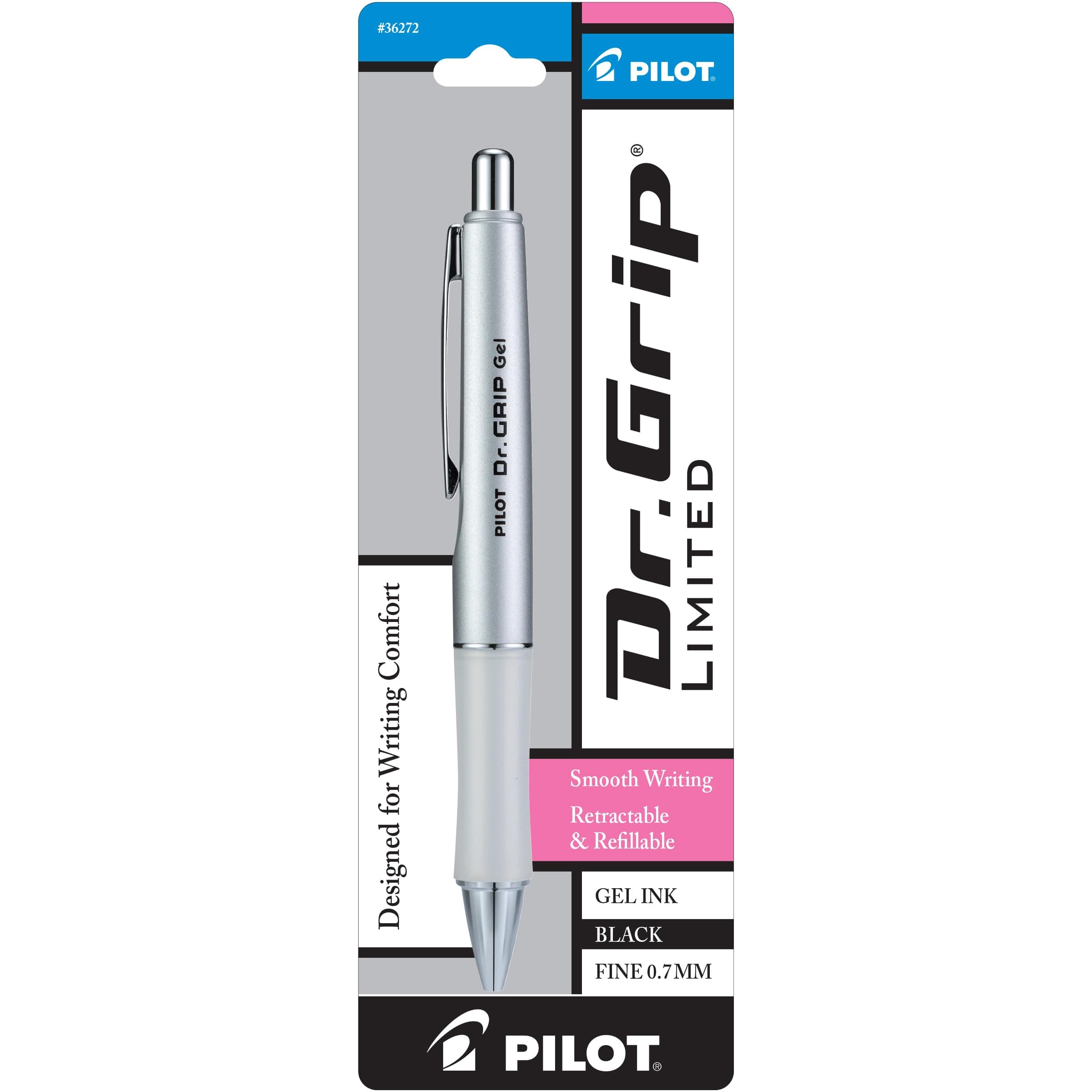 Dr. Grip Limited Refillable & Retractable Gel Ink Rolling Ball Pen, Fine Point, Metallic Platinum Barrel, Black Ink, Single Pen (36272)