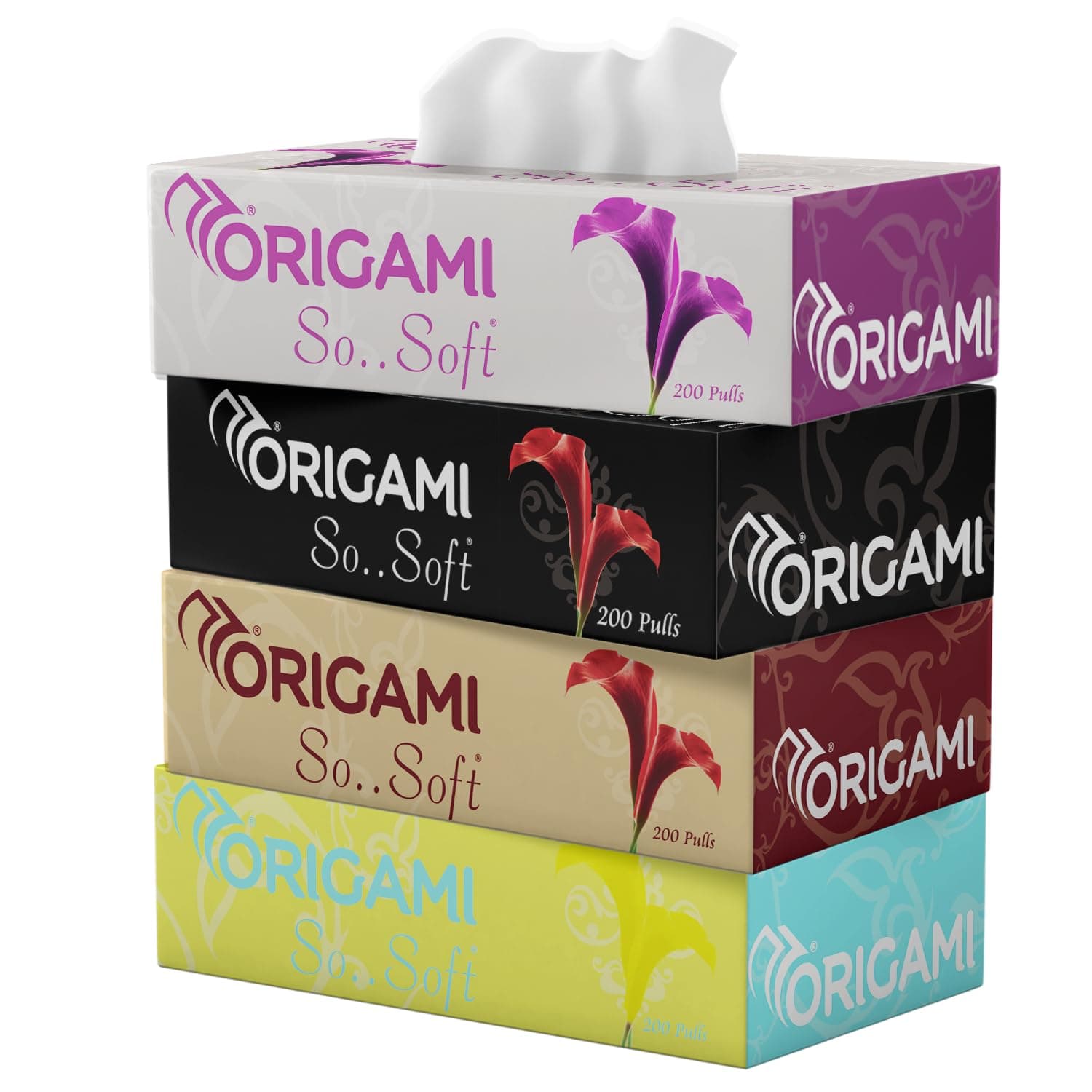 Origami So Soft 2 Ply Facial Tissue Box | Ultra Soft, Skin Friendly & Highly Absorbent Face Tissues | Multipurpose Car, Home & Office Use | Pack of 4 (200 Pulls Per Box, 800 Sheets)