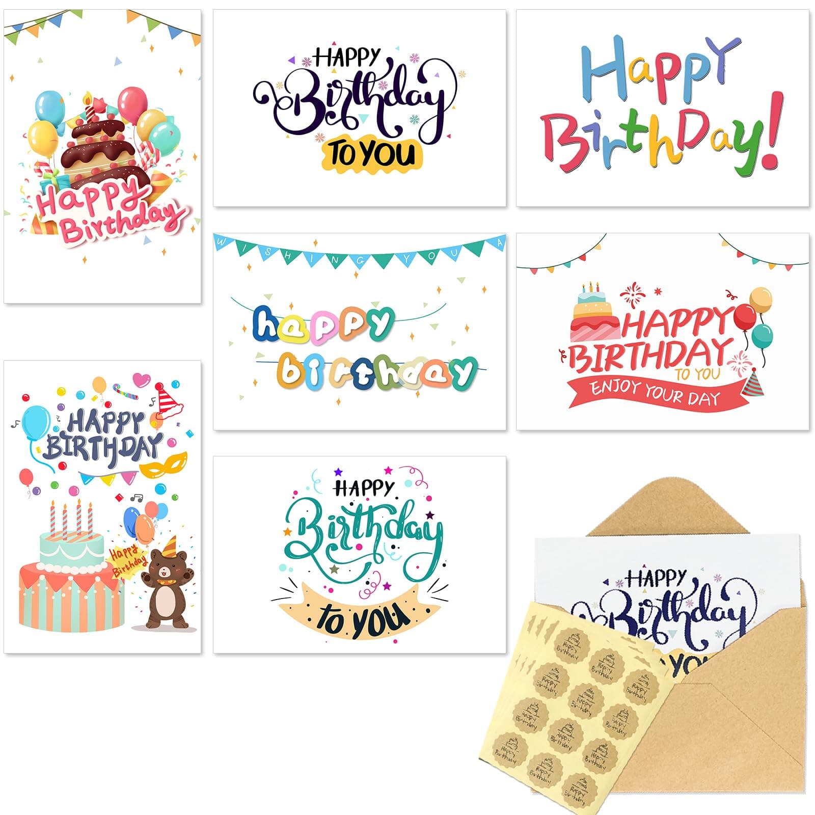 35 Pack Happy Birthday Cards - Bulk Set Includes 7 Unique Designs, 4 x 6 Inches for Mom, Teacher, Students, Kids & Loved Ones For Their Special Day,Craft Paper Envelopes and Labels Included