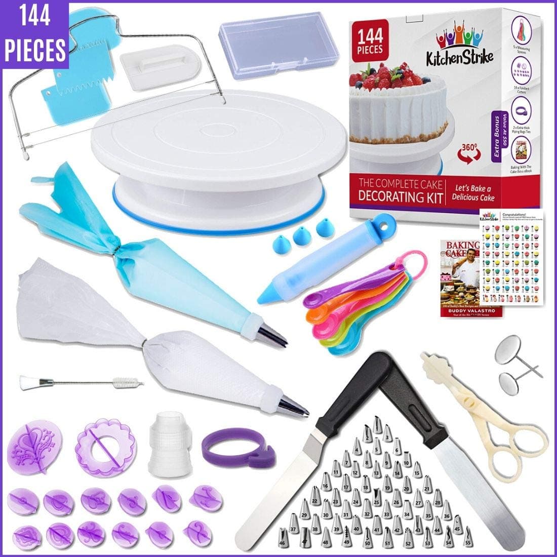 Kitchen Strike Cake Decorating Kit - 144 Piece Baking supplies With Bonus Accessories Of Fondant Tools, Spoons, Piping Bags Tie and eBook - Smooth Cake Turntable Spinner With Non-slip Silicone Base