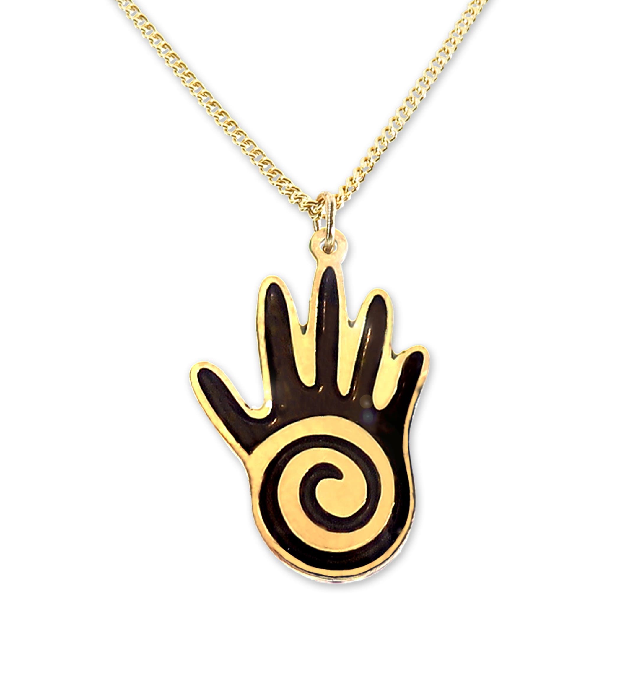 Gold Plated Tiny Hamsa Hand Necklace for Women Swirl Charm Pendant Protection Jewelry with Hand Painted Black Enamel, 17.5" Chain