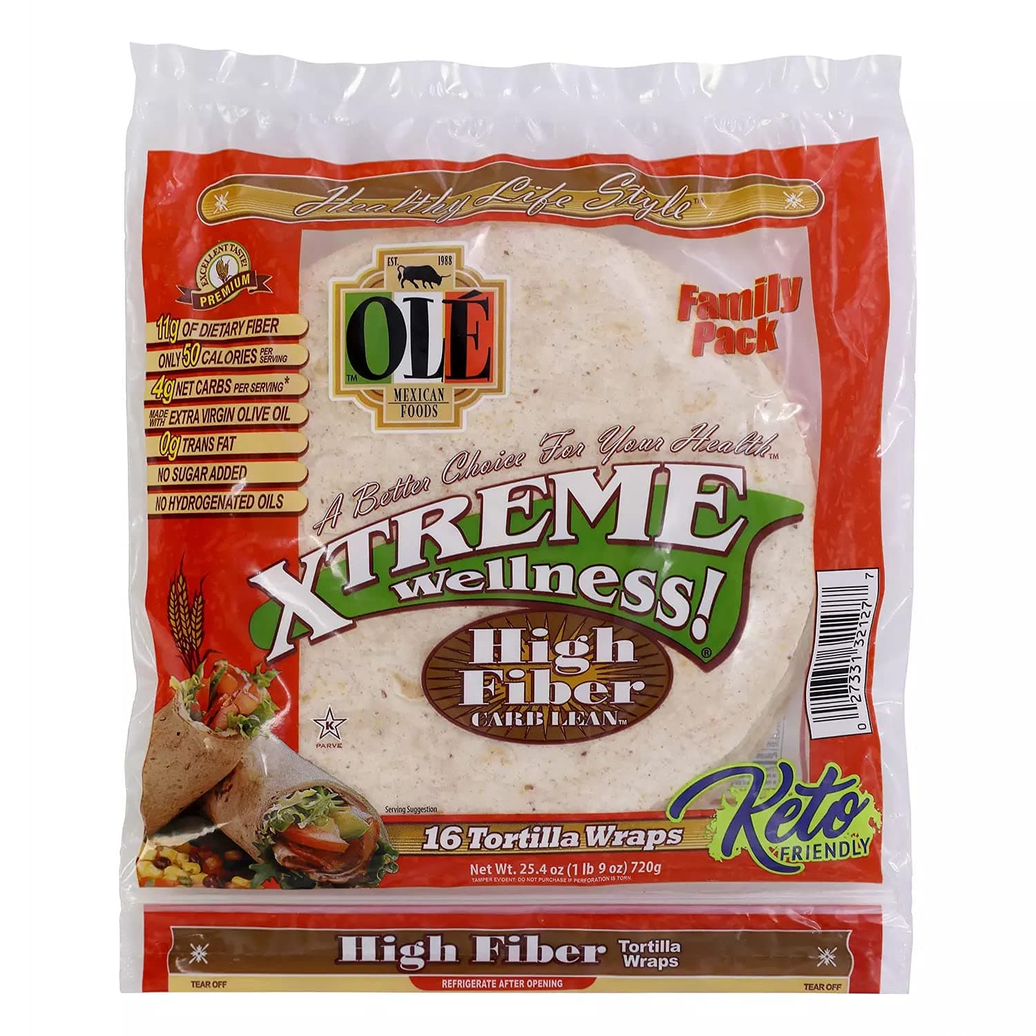 Ole Mexican Xtreme Wellness High Fiber Low Carb Keto Friendly - 16 Tortilla Wraps (Pack of 2) 32 Total Wraps