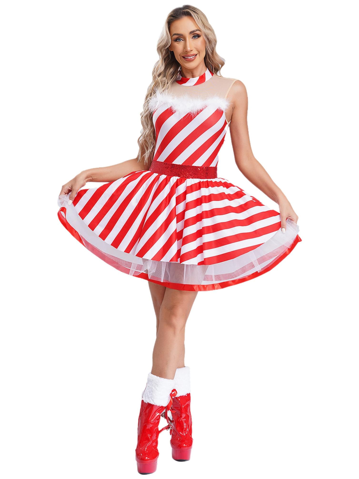 Women Sleeveless Dance Figure Skating Bodysuit Tutu Dress Christmas Party Candy Cane Costume
