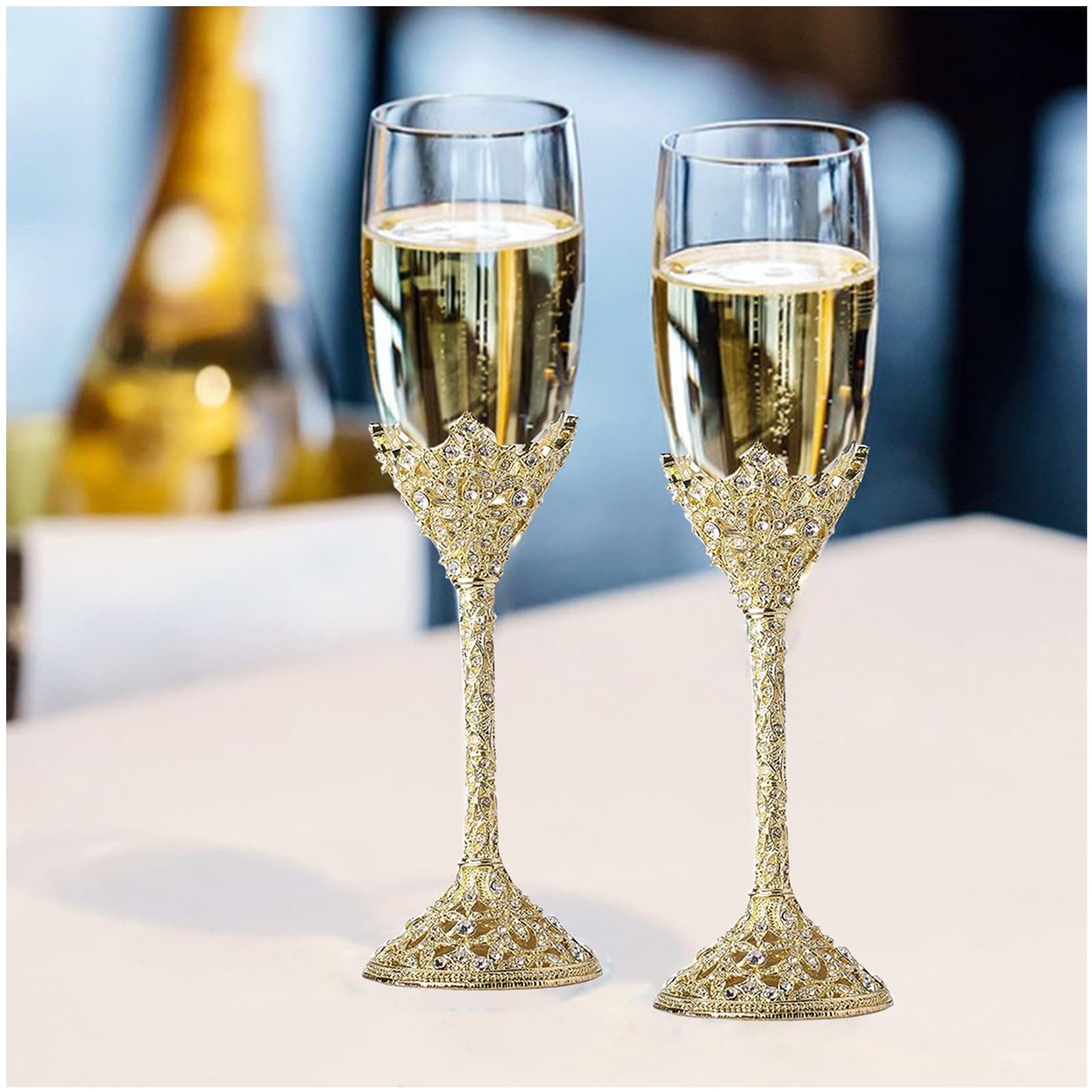 Popgege Gold Wedding Champagne Flutes,Crystal Glasses Champagne Toast for Wedding Decorations,Champagne Glasses Set of 2,Gold Party Cups for Mr and Mrs, Engagement Gifts for Couples - 7oz