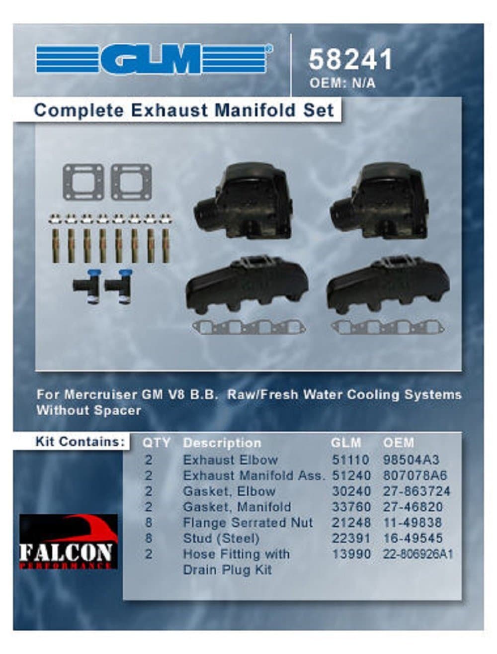 Mercruiser Marine 330 340 MIE Chevy 454 7.4 7.4L GLM Exhaust Manifolds+3" Risers