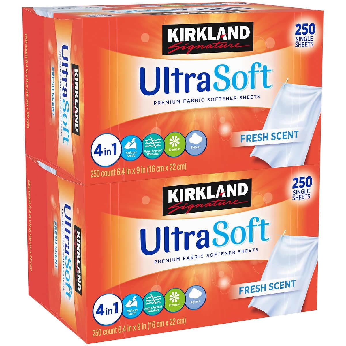 Kirkland Signature Fabric Softener Sheets Ultrasoft Fresh Scent, 250 Count (Pack of 2)
