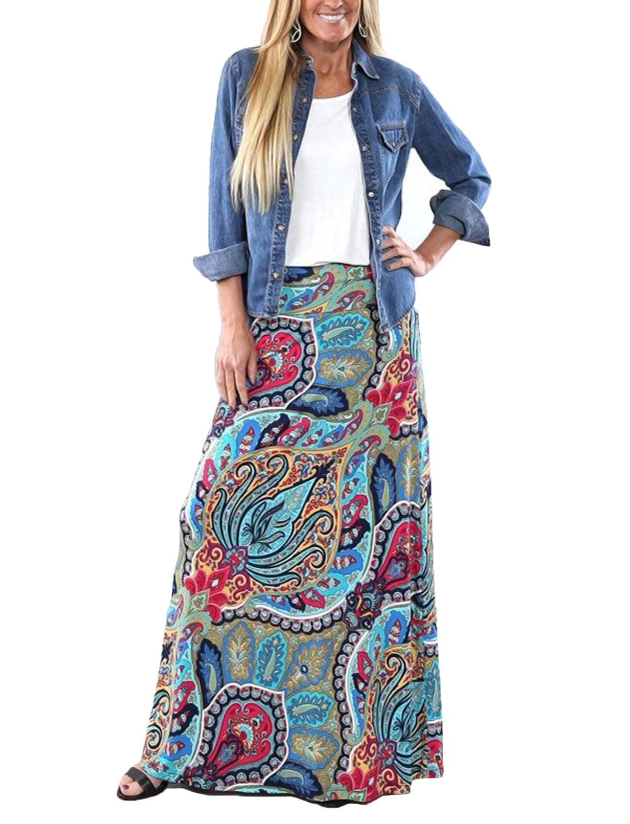 YinggeliWomen's Bohemian Print Long Maxi Skirt