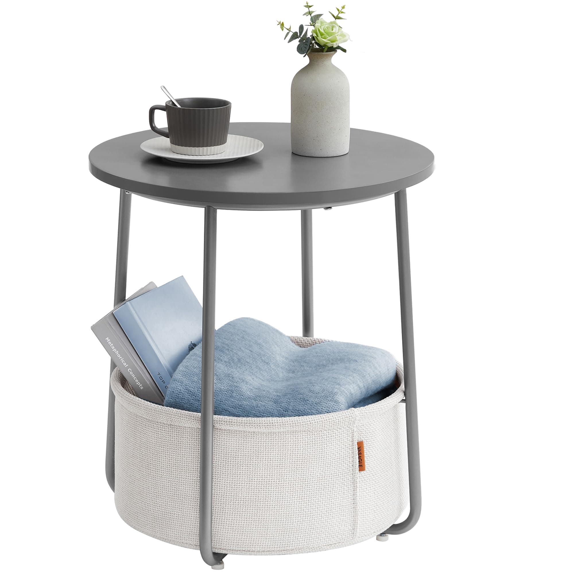 VASAGLE Side Table, Round End Table with Fabric Basket, Spacious, for Living Room Bedroom, Bedside Table, Modern Style, Cement Grey and Cloud White LET223G49
