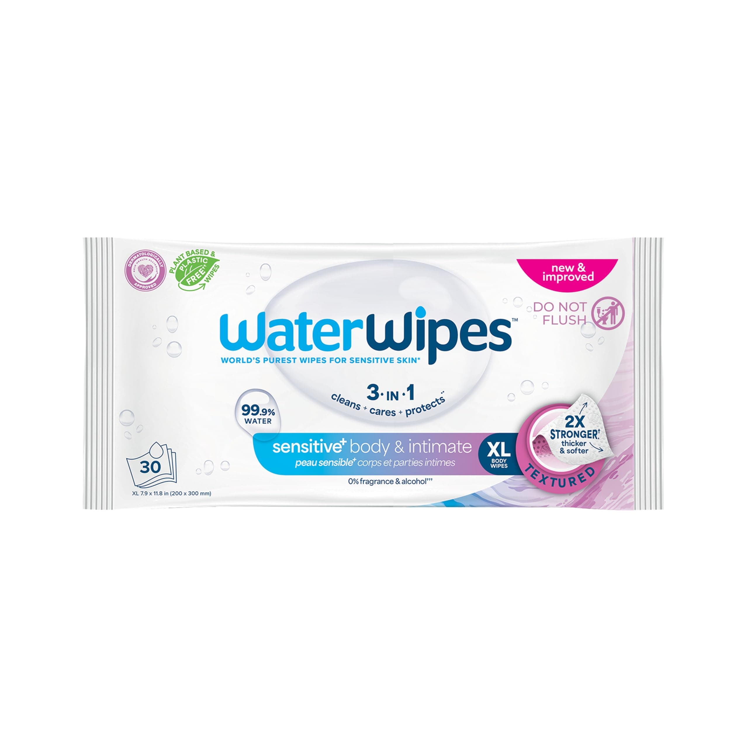 WaterWipes Sensitive Whole Body Cleansing Wipes, 99.9% Purified Water, XL Textured Wipes, Incontinence Care, Fragrance Free, 30 Count