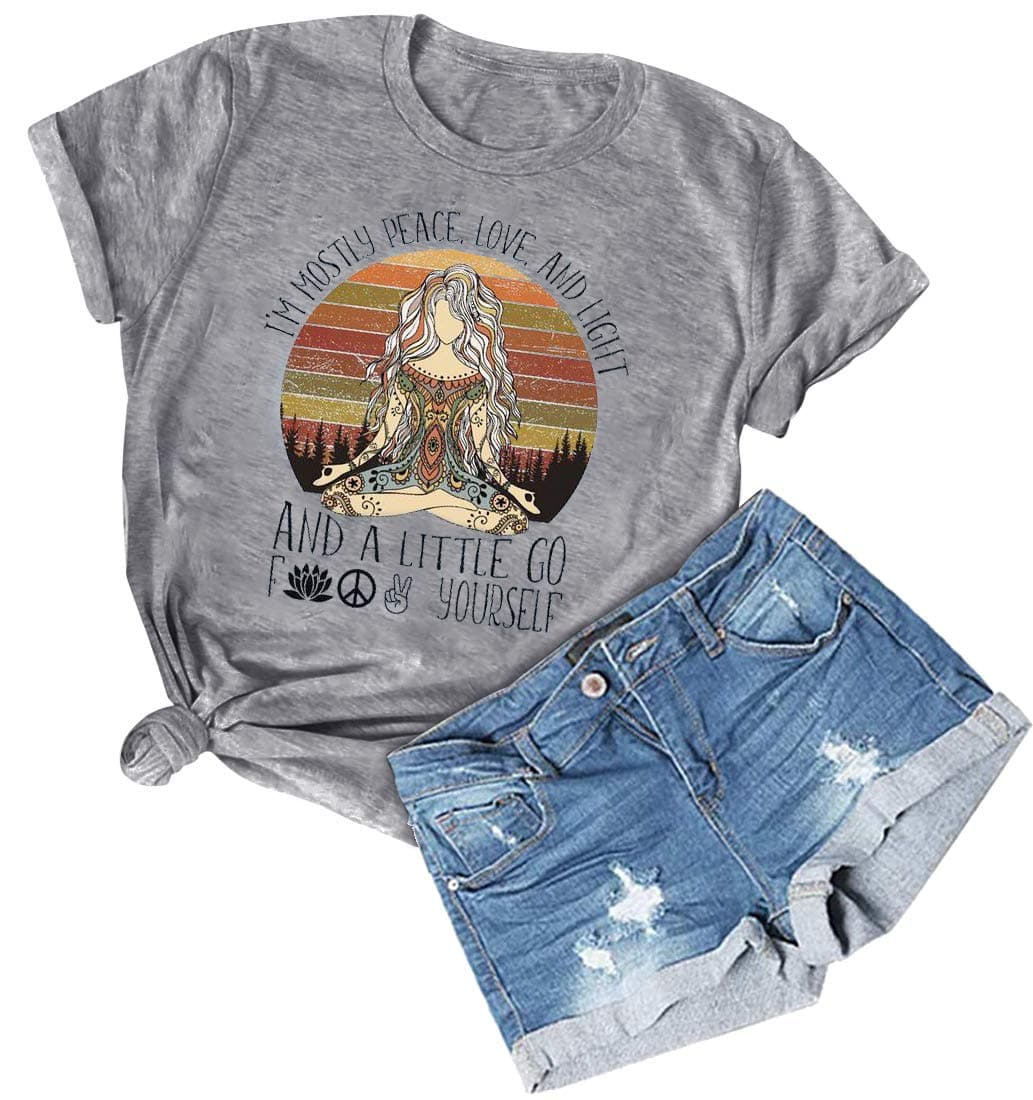 I'm Mostly Peace Love and Light Funny T-Shirt Womens Graphic Printed Short Sleeve Tops Tee
